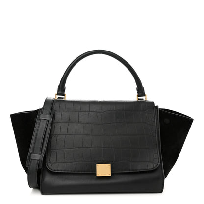 Celine Crocodile Embossed Calfskin Suede Medium Trapeze Black 1 of 15