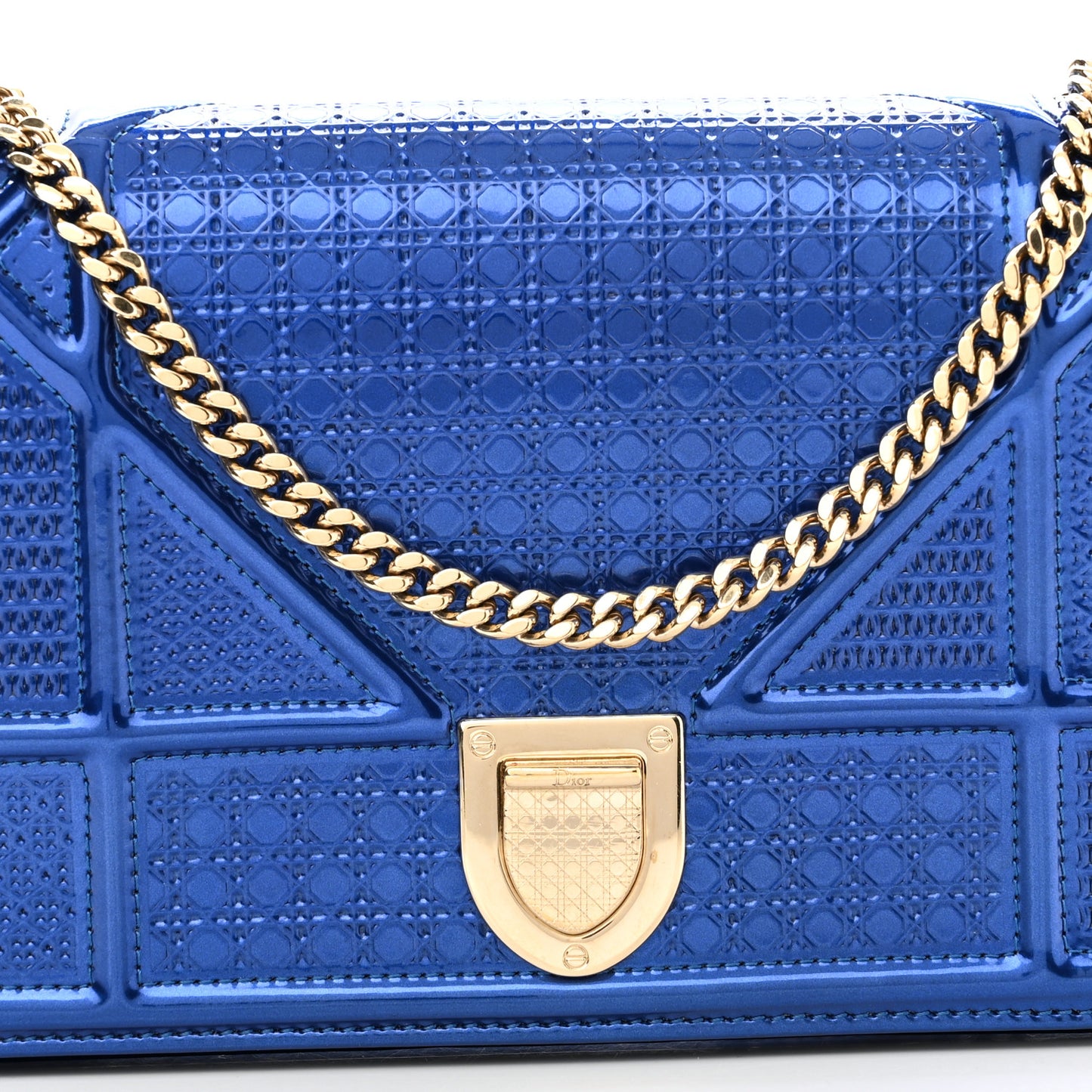 Metallic Patent Micro-Cannage Diorama Wallet on Chain Pouch Mirror Blue