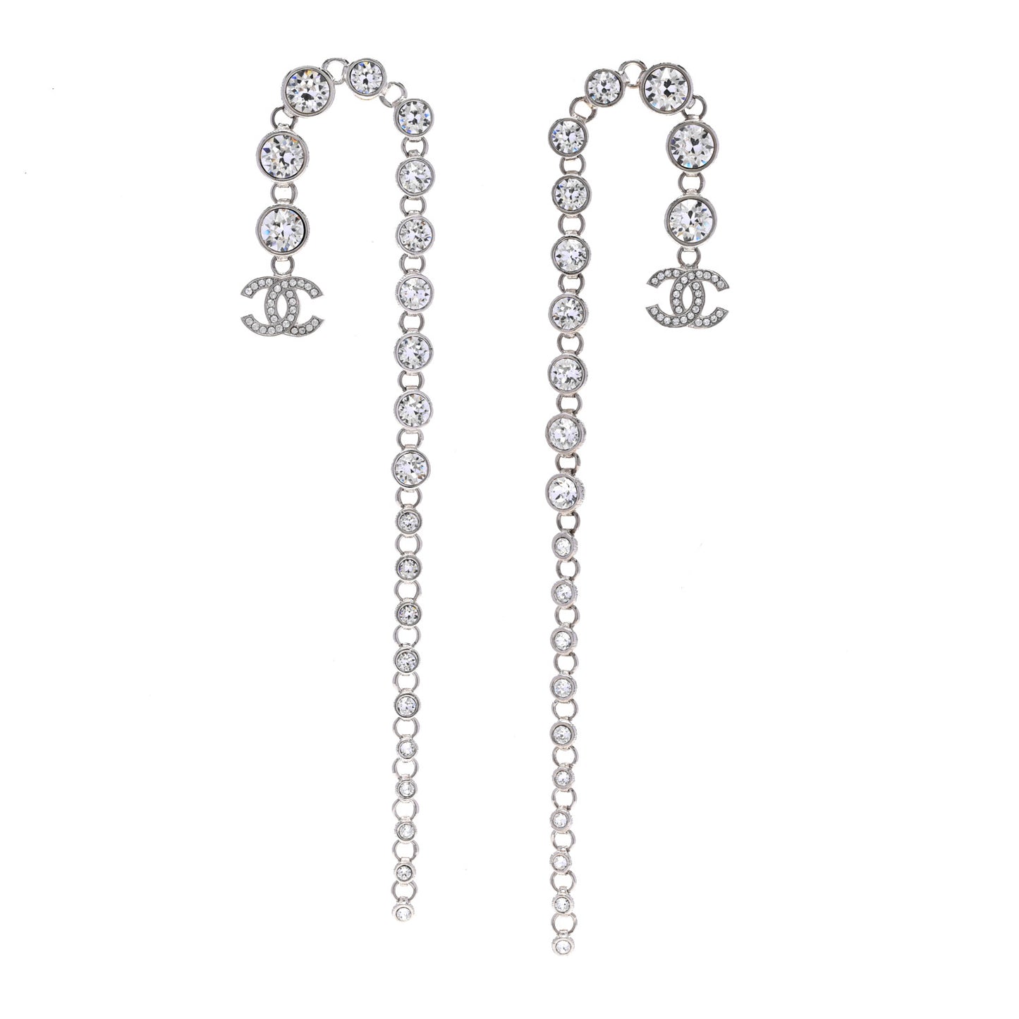Metal Crystal CC Long Drop Earrings Silver