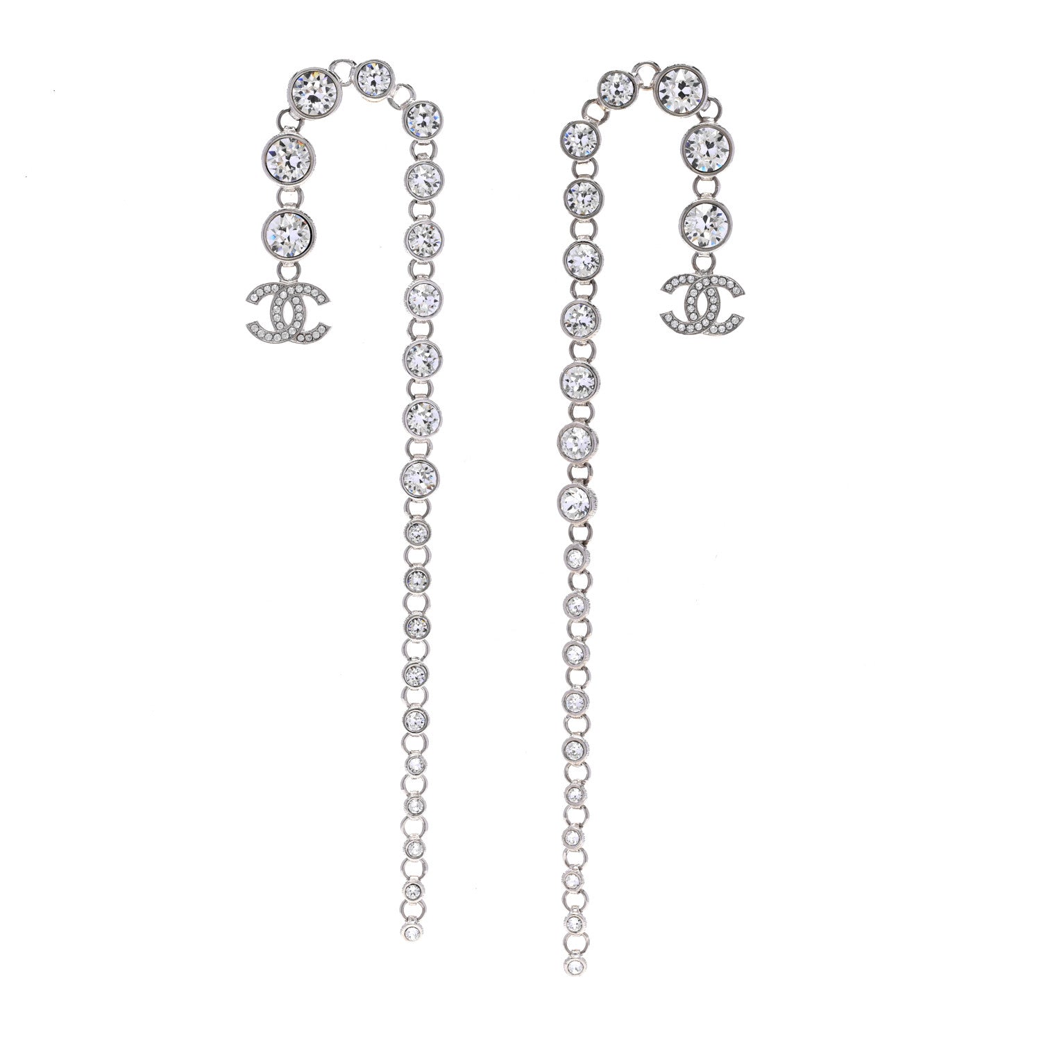 Chanel Metal Crystal CC Long Drop Earrings Silver 1 of 5