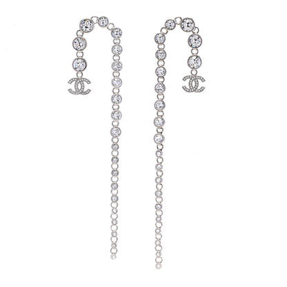 Chanel Metal Crystal CC Long Drop Earrings Silver 1 of 5