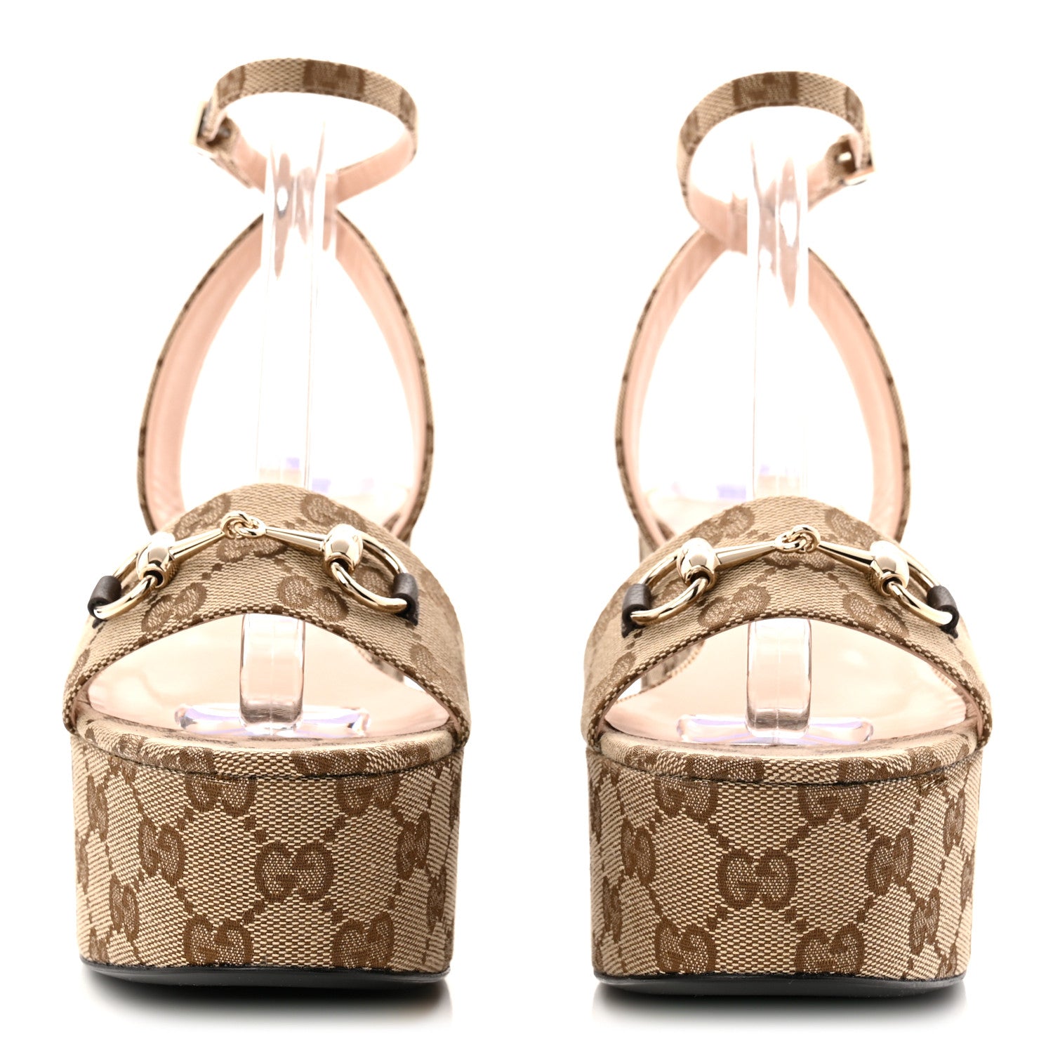 Gucci Monogram Nappa Chalotte Horsebit Ankle Strap 75mm Flatform Sandals 37.5 Beige Ebony 2 of 9