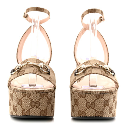 Gucci Monogram Nappa Chalotte Horsebit Ankle Strap 75mm Flatform Sandals 37.5 Beige Ebony 2 of 9