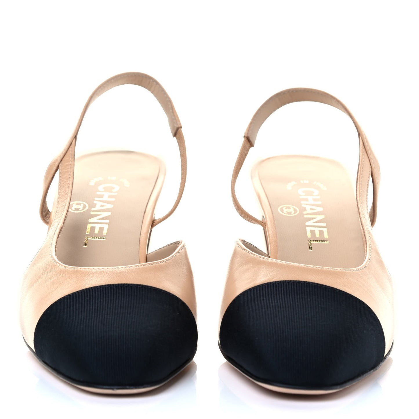 Lambskin Grosgrain Cap Toe CC Slingback Pumps 36.5 Beige Black