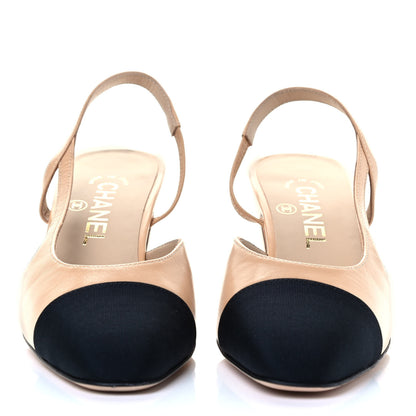 Chanel Lambskin Grosgrain Cap Toe CC Slingback Pumps 36.5 Beige Black 2 of 6
