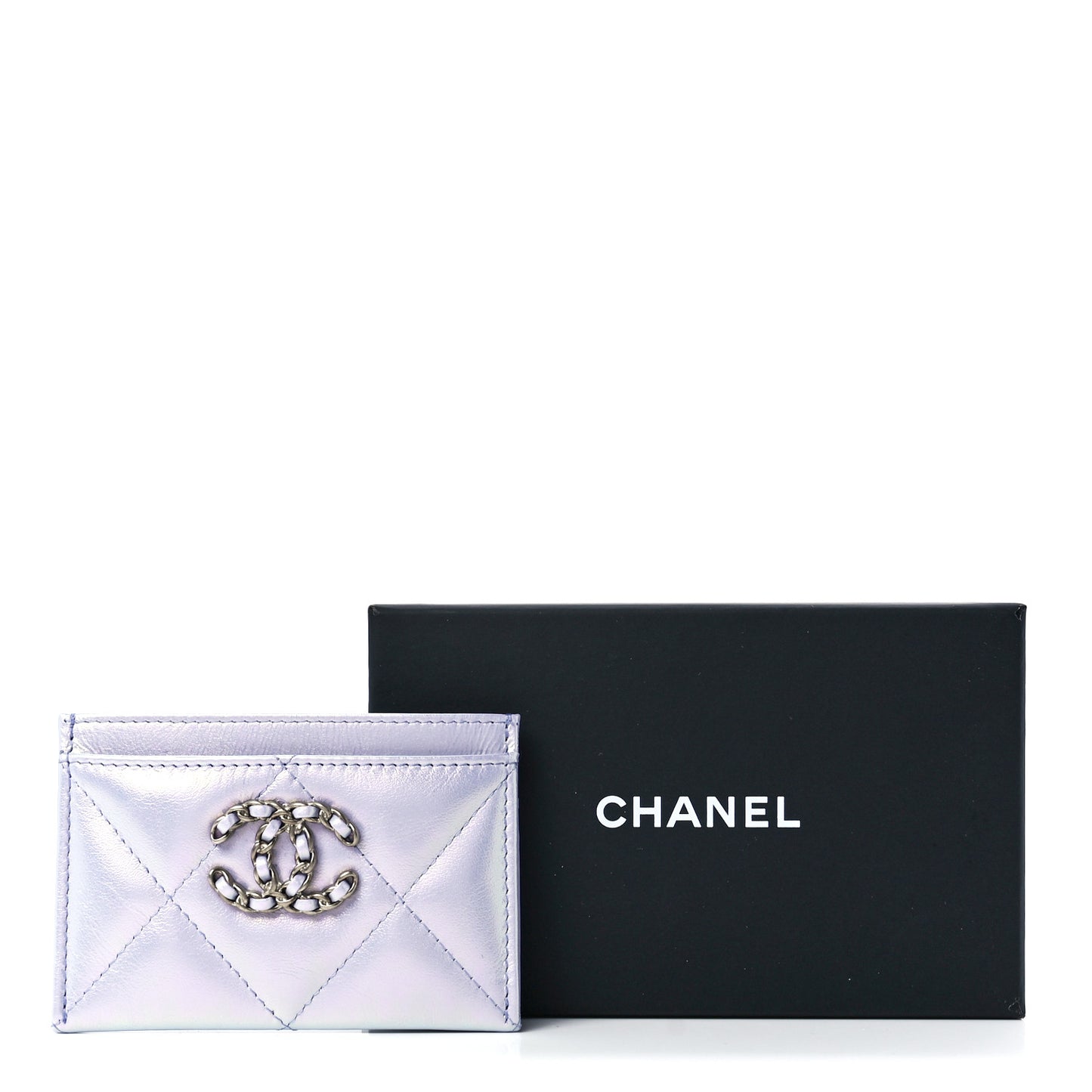 Iridescent Calfskin Quilted Chanel 19 Card Holder Light Purple