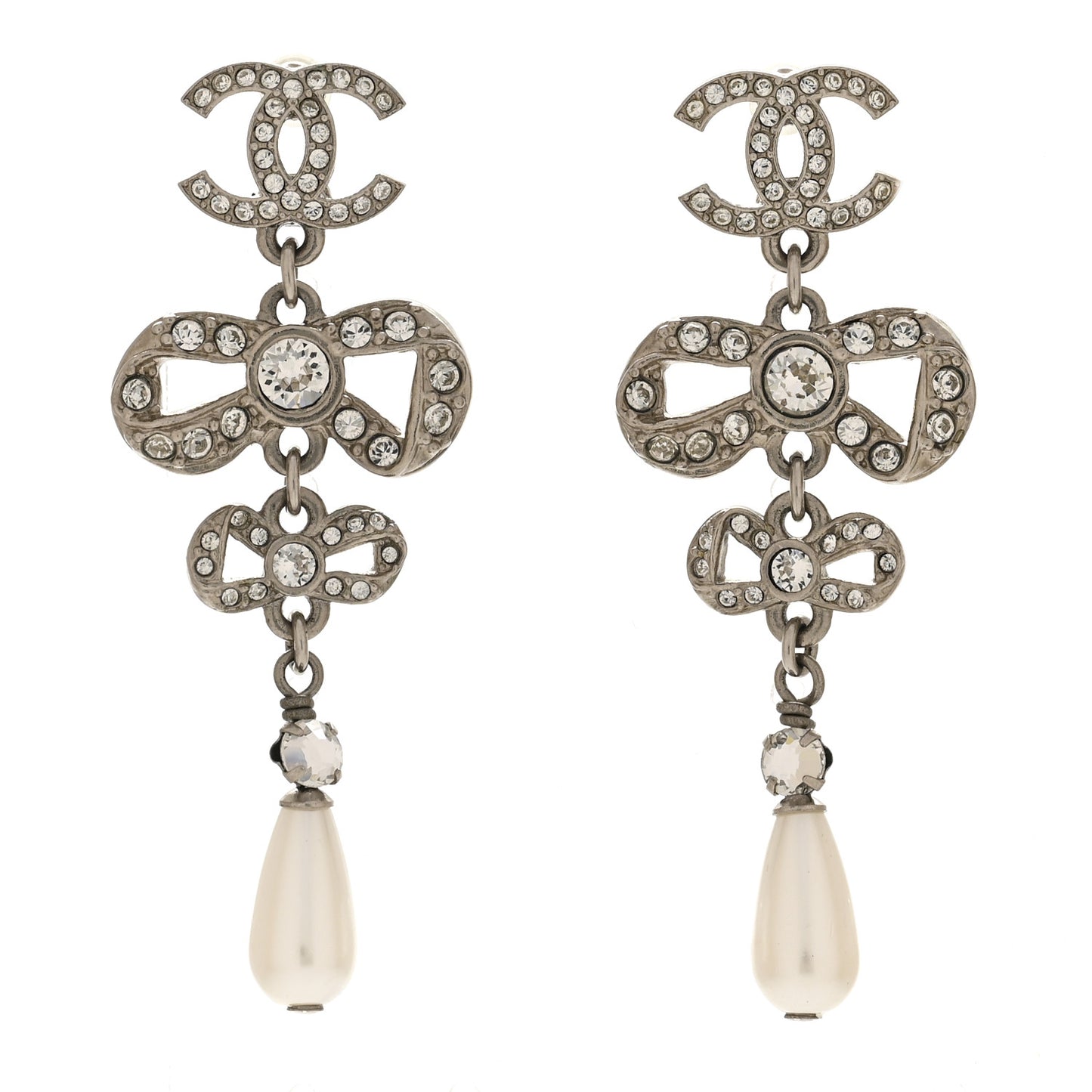 Crystal Pearl CC Bow Drop Earrings Silver