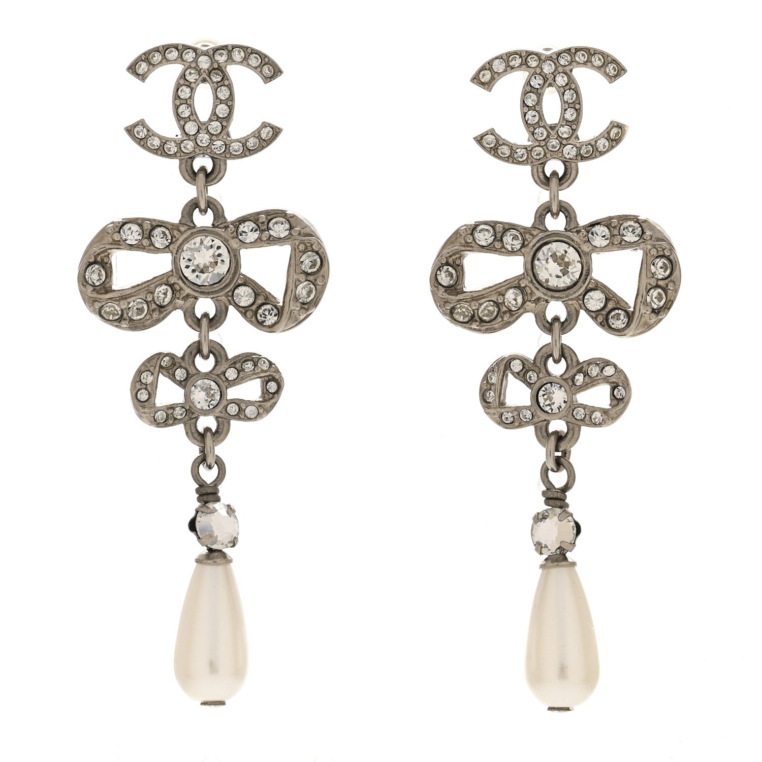 Chanel Crystal Pearl CC Bow Drop Earrings Silver 1 of 5