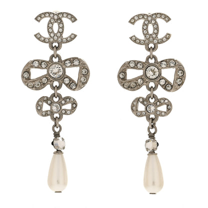 Chanel Crystal Pearl CC Bow Drop Earrings Silver 1 of 5