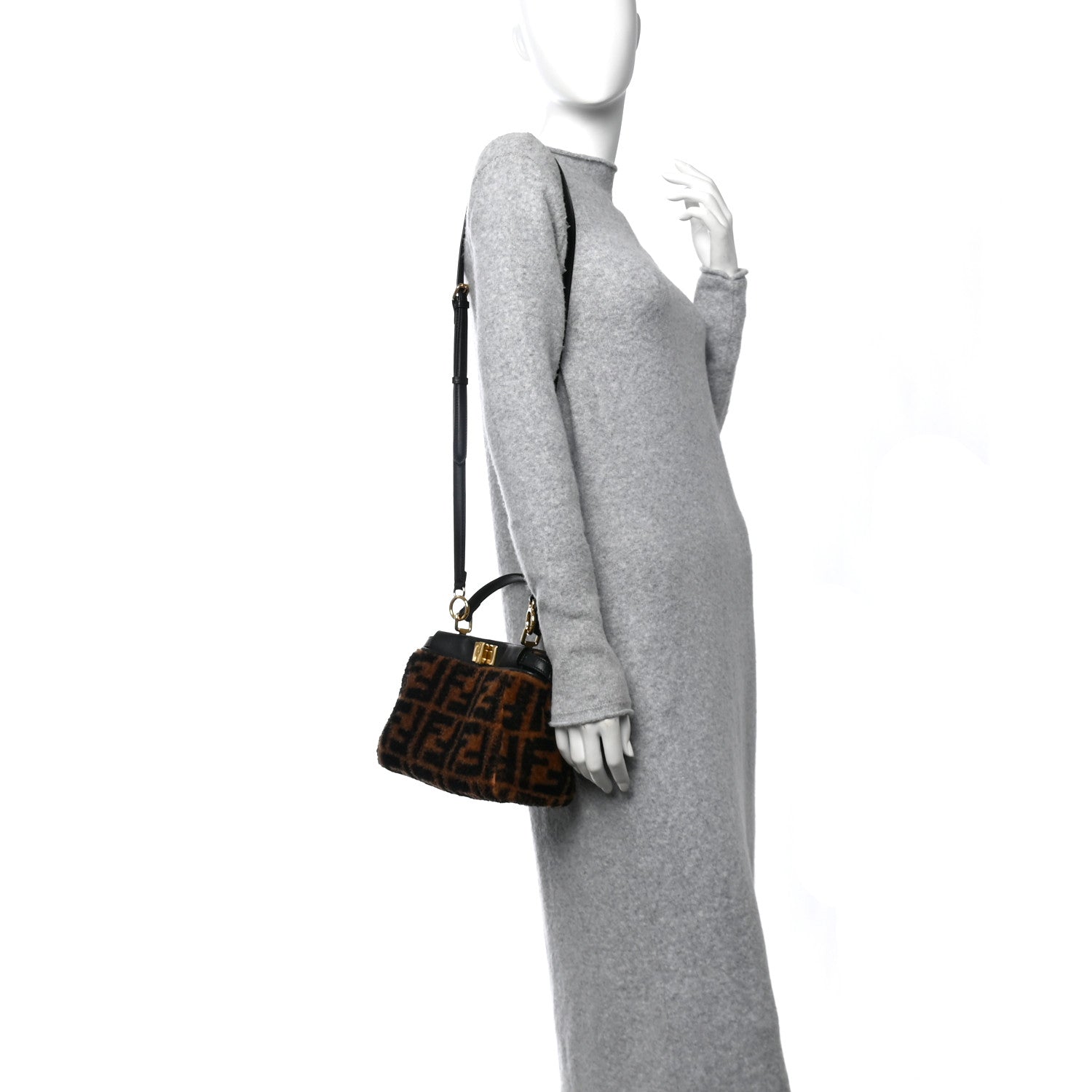 Fendi Shearling Nappa Macro FF 1974 Mini Peekaboo Iconic Satchel Tobacco Black 2 of 11