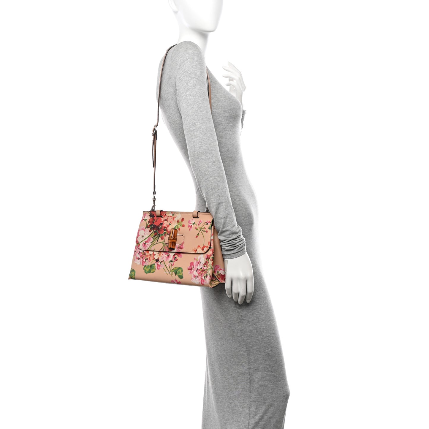 Shangai Calfskin Blooms Print Small Bamboo Daily Top Handle Bag Pink Apricot Multicolor