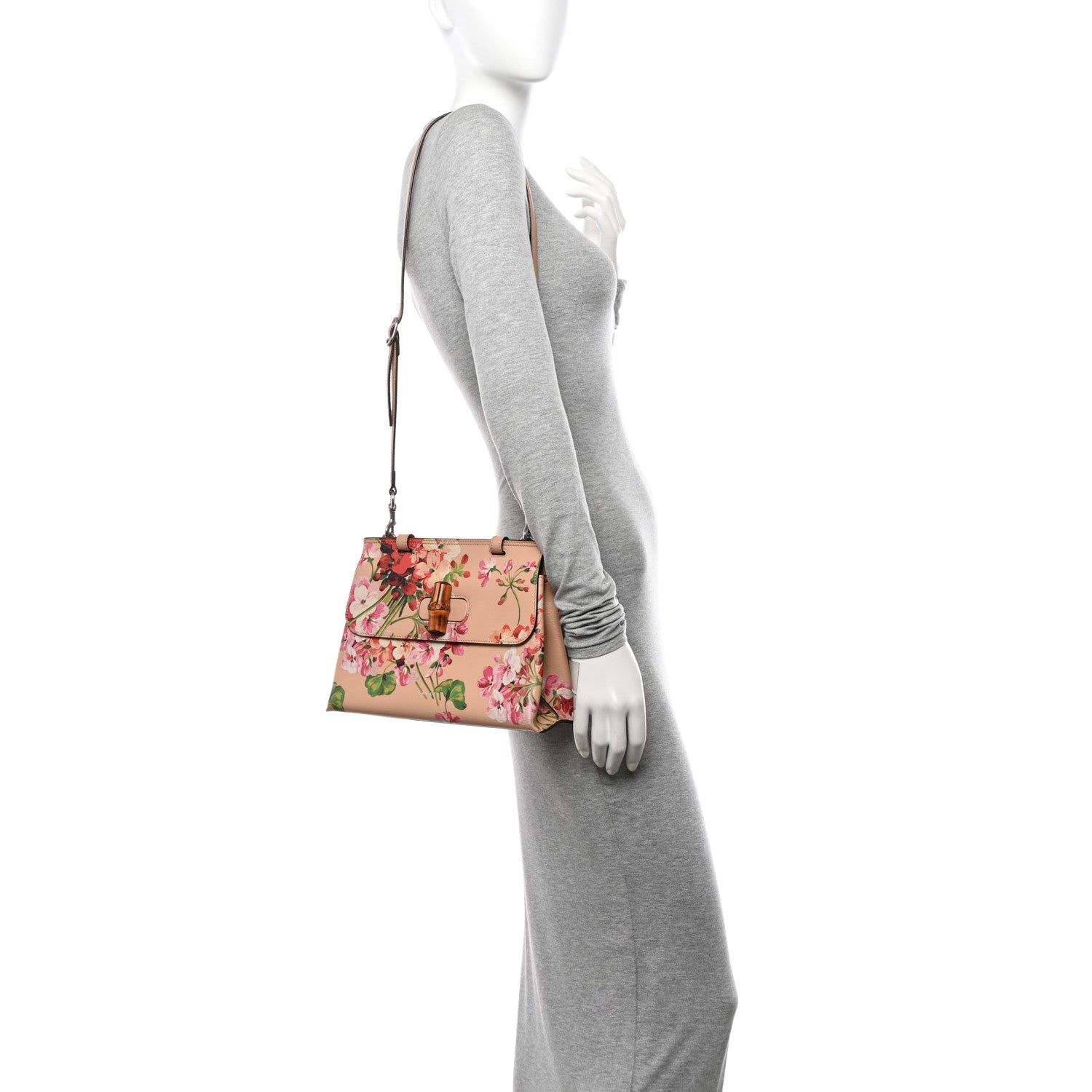 Gucci Shangai Calfskin Blooms Print Small Bamboo Daily Top Handle Bag Pink Apricot Multicolor 2 of 19
