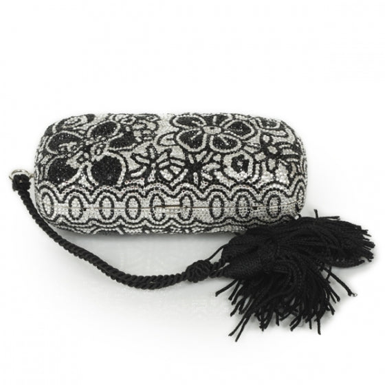 Judith Leiber Crystal Floral Minaudiere Tassel Clutch Black White 4 of 12