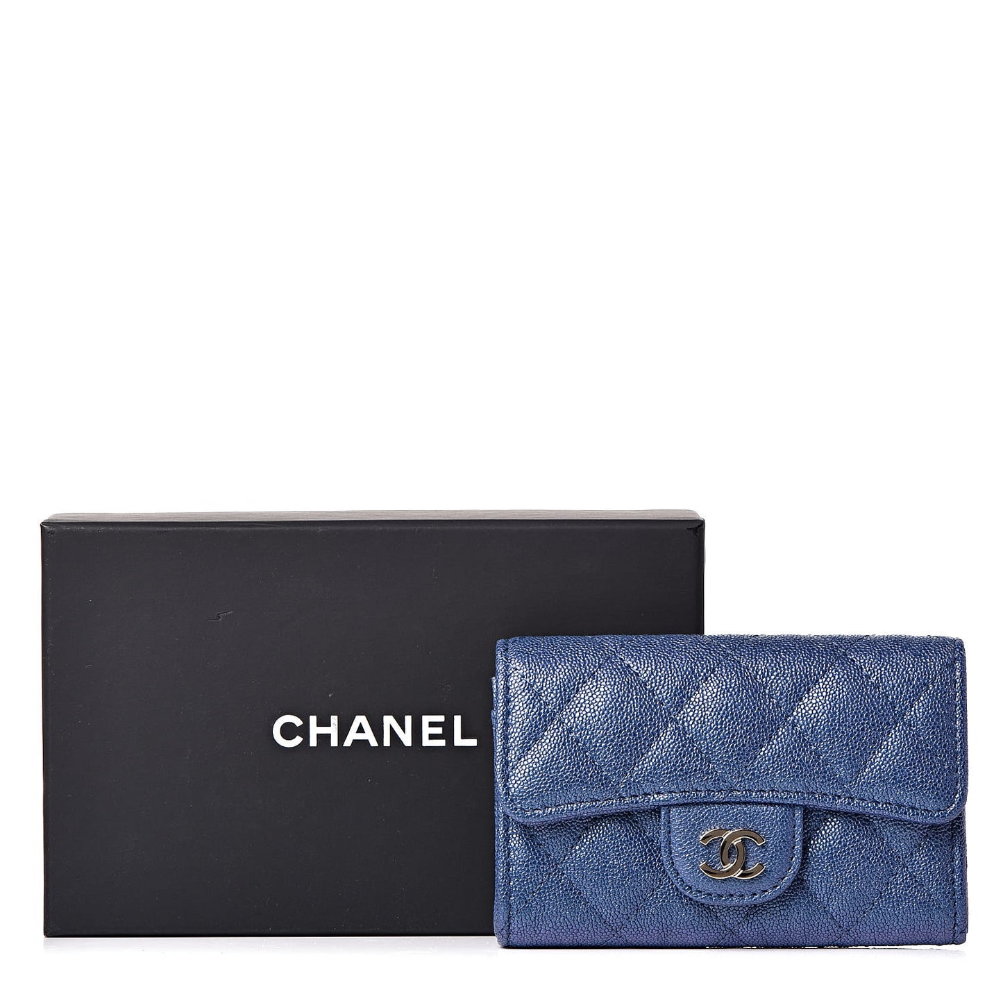 Iridescent Caviar Quilted Flap Card Holder Dark Blue