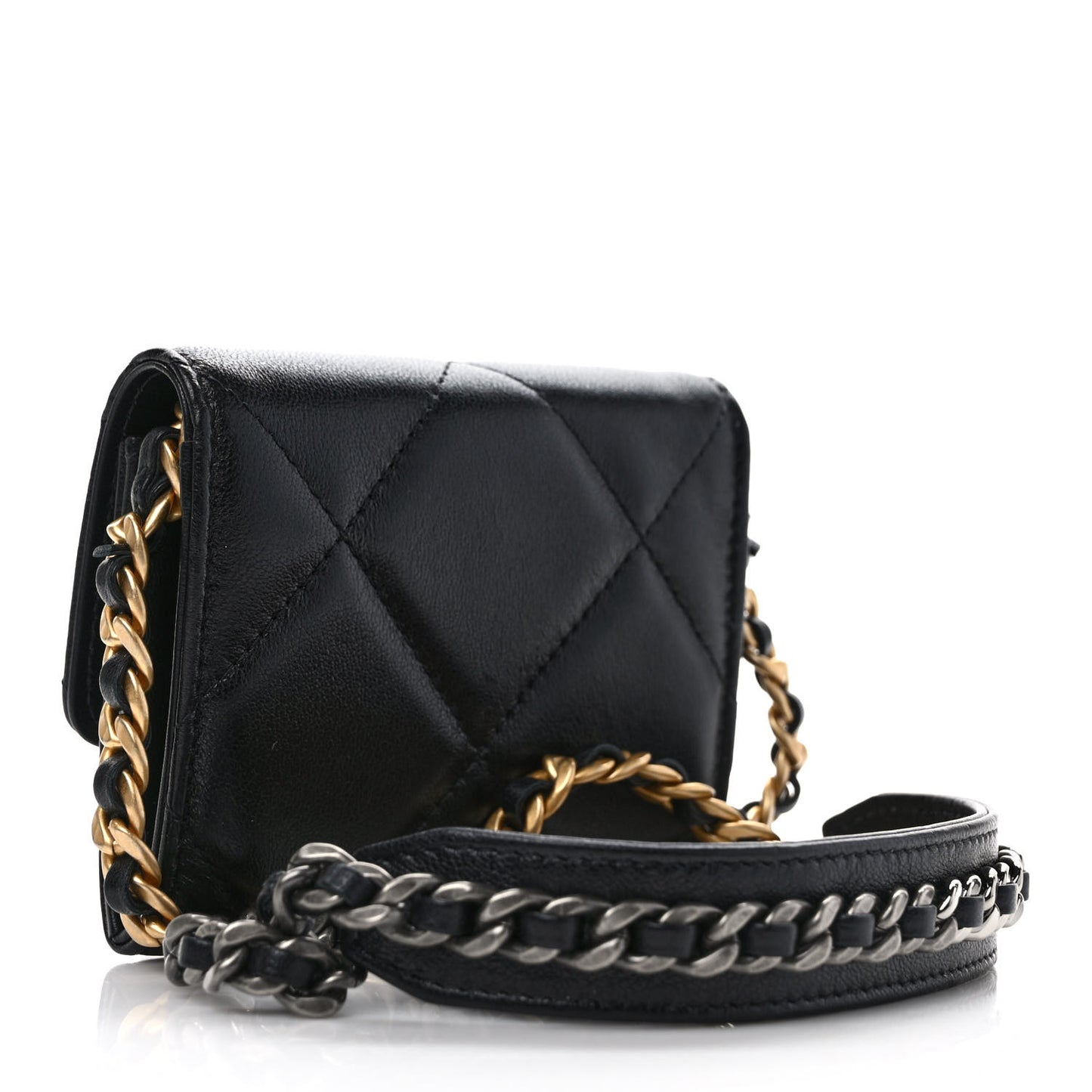 Lambskin Quilted Chanel 19 Flap Coin Purse With Chain Black