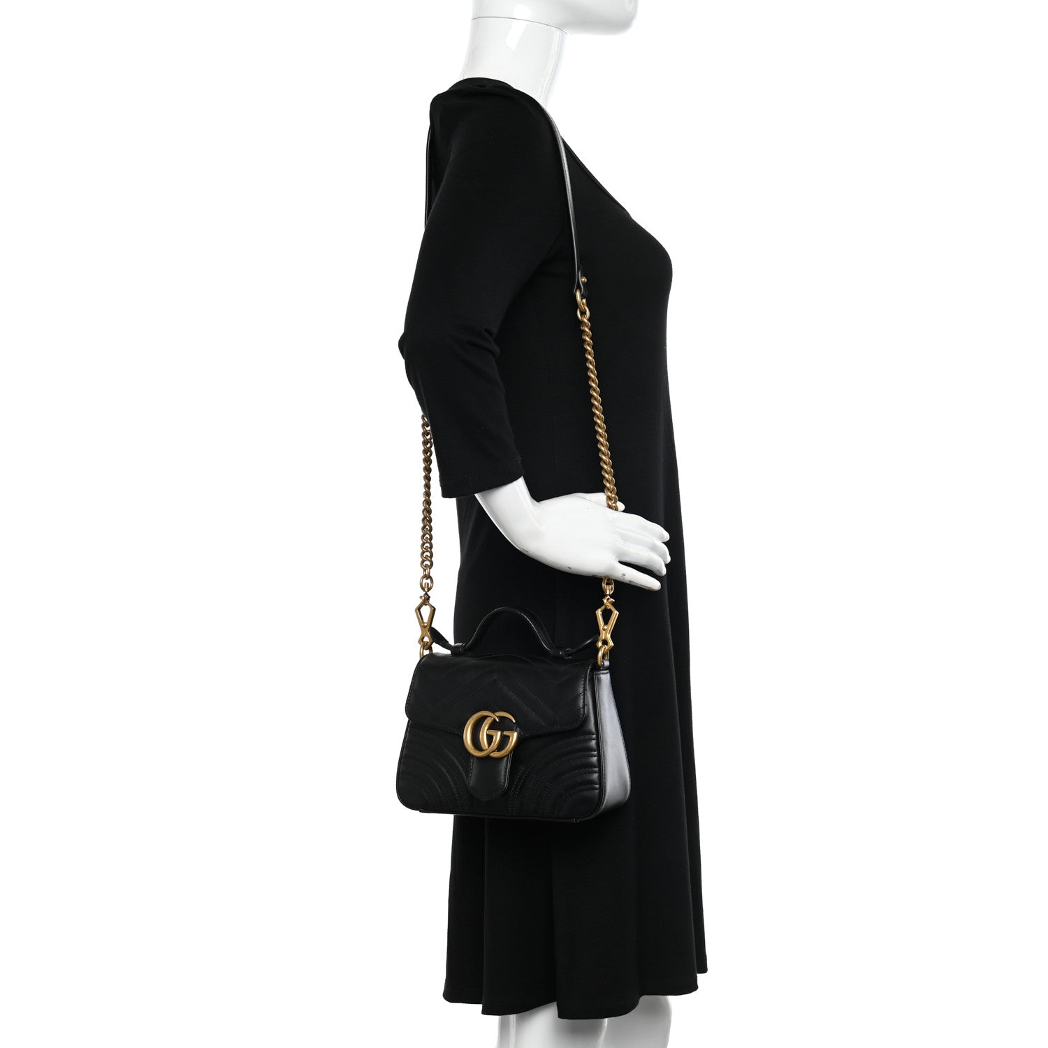 Gucci Calfskin Matelasse Mini GG Marmont Top Handle Shoulder Bag Black 2 of 10