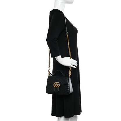 Gucci Calfskin Matelasse Mini GG Marmont Top Handle Shoulder Bag Black 2 of 10