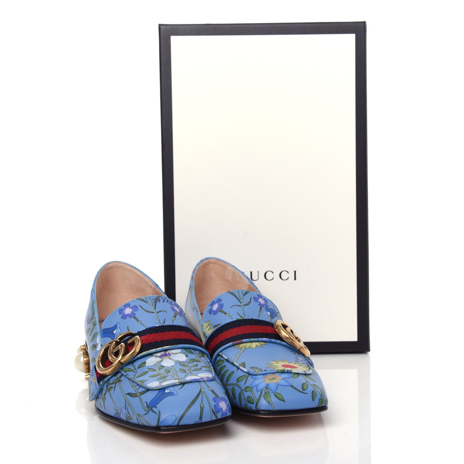 Gucci Apollo Calfskin Web Pearl New Flora Peyton 35mm Loafer Pumps 37.5 Azure 11 of 11