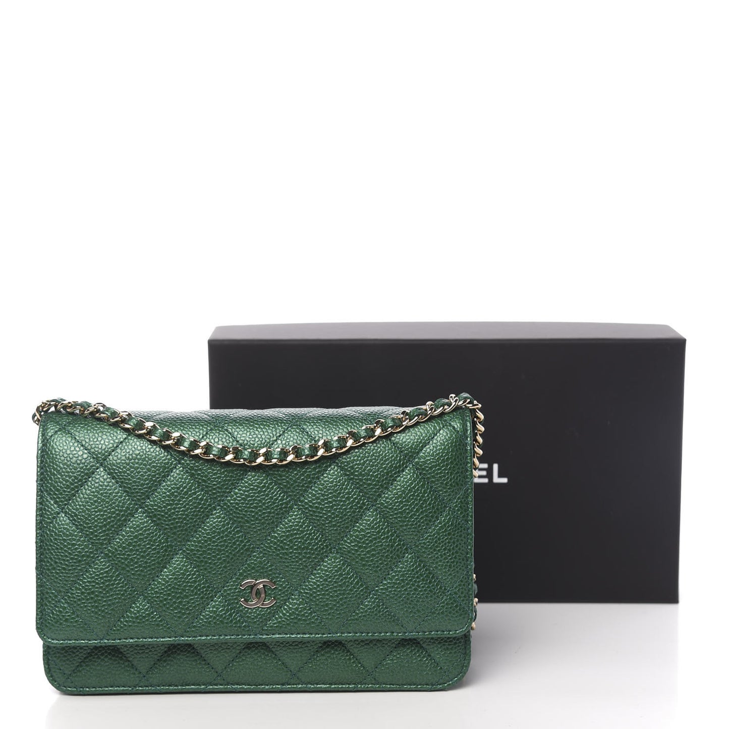 Metallic Caviar Quilted Wallet On Chain WOC Green