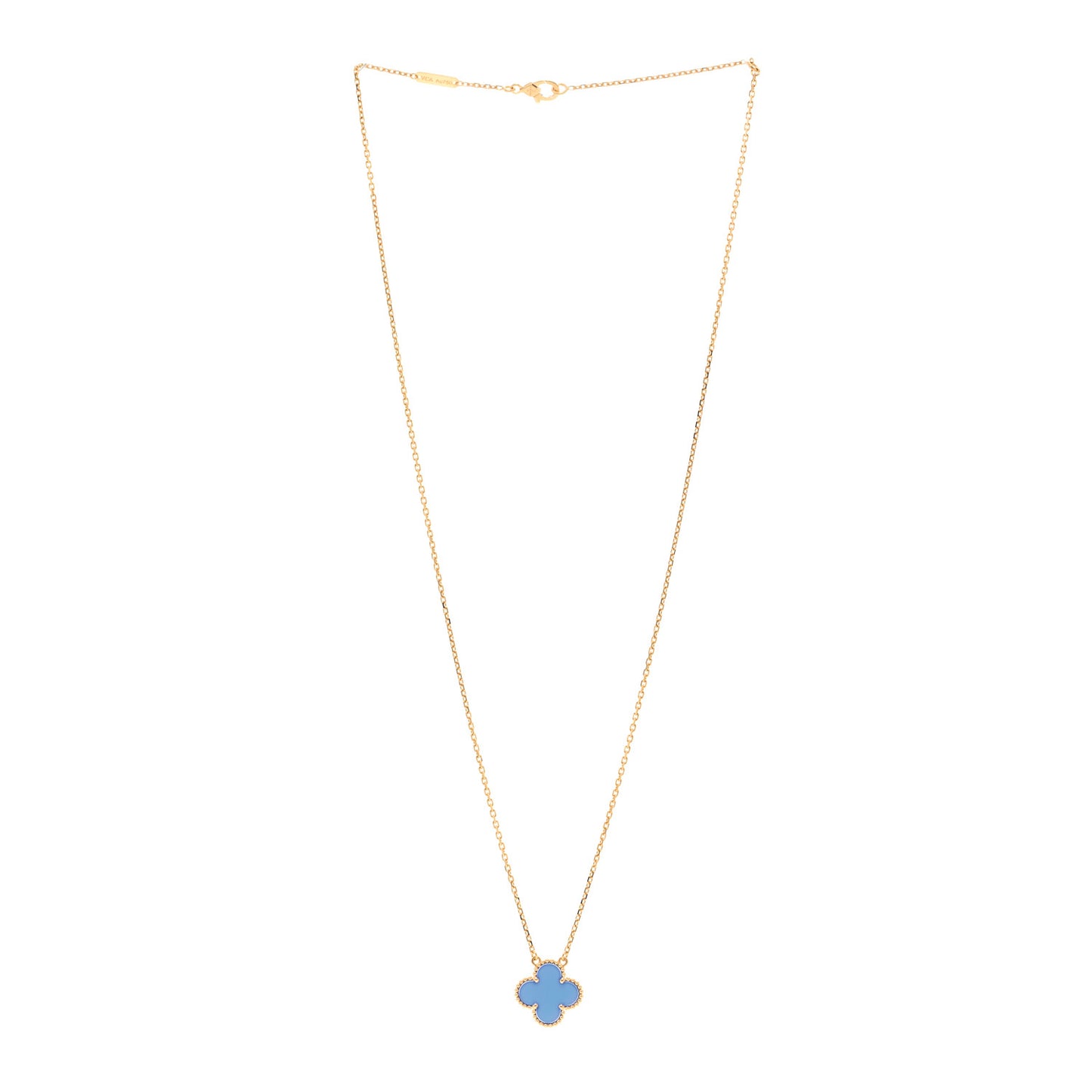18K Yellow Gold Blue Agate Vintage Alhambra Pendant Necklace