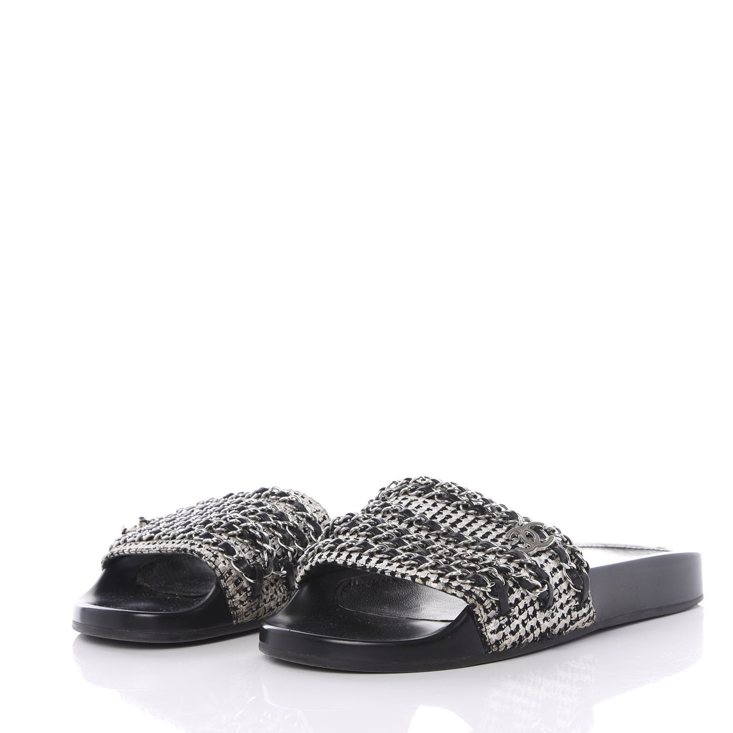 Tweed Lambskin Chain Flat Sandals 37 White Black