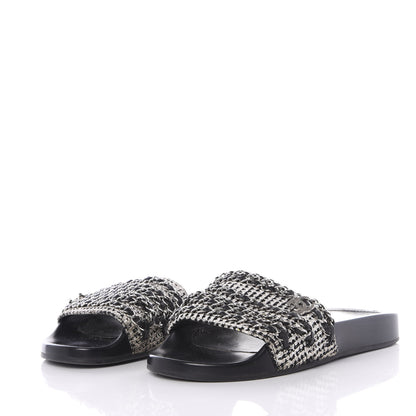 Chanel Tweed Lambskin Chain Flat Sandals 37 White Black 2 of 14