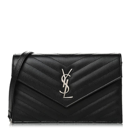 Saint Laurent Grain De Poudre Matelasse Chevron Monogram Envelope Chain Wallet Black 1 of 4