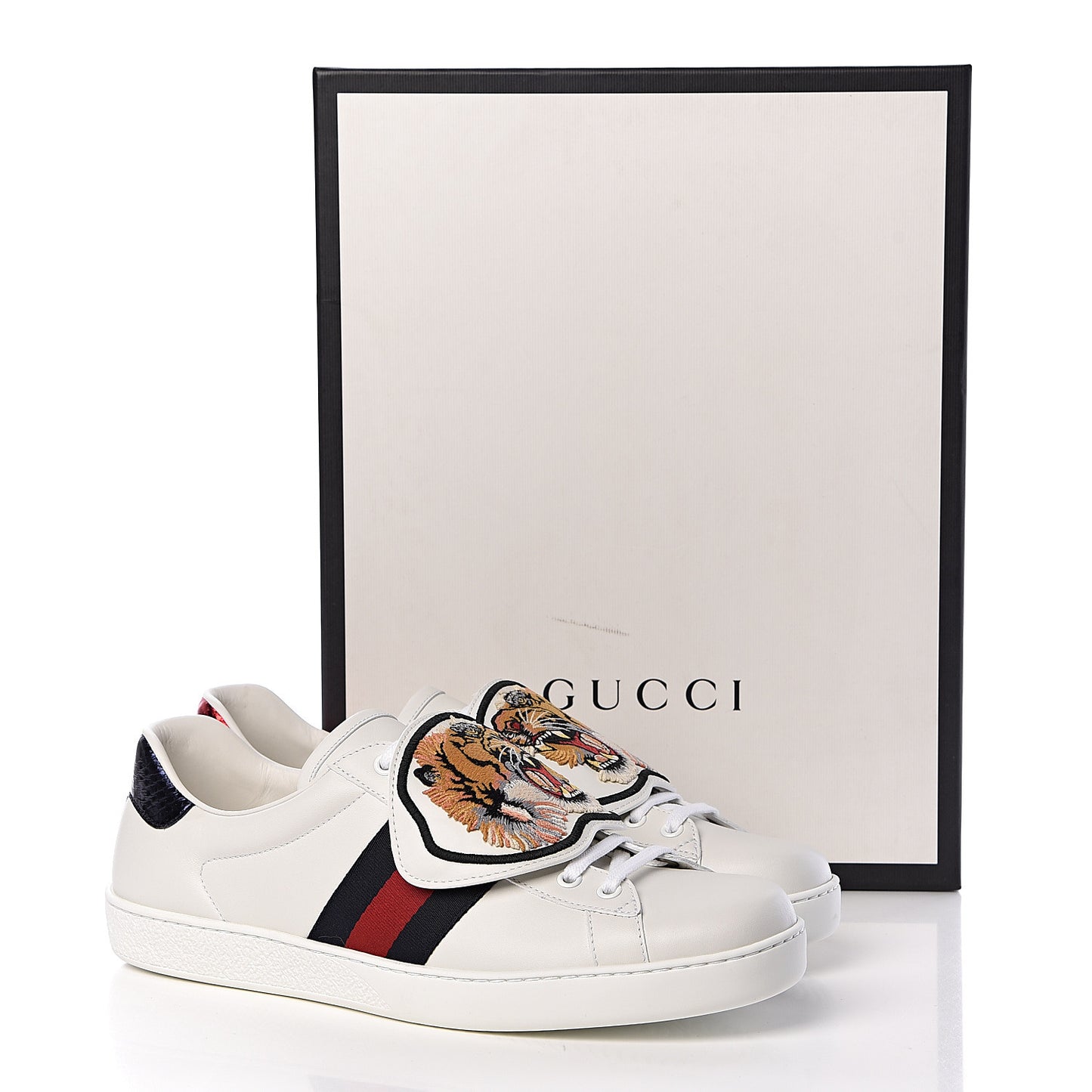 Calfskin Ayers Web Tiger Embroidered Mens Ace Sneakers 10.5 White