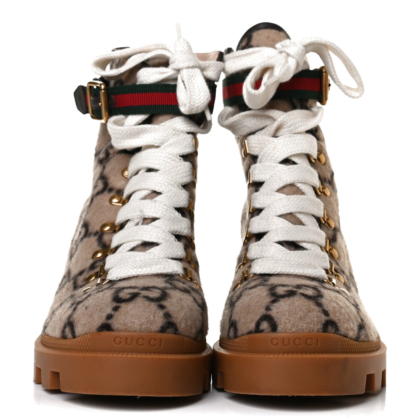 Covered Wool Big GG Monogram Womens Lace Up Combat Ankle Boots 40 Beige Ebony Cocoa