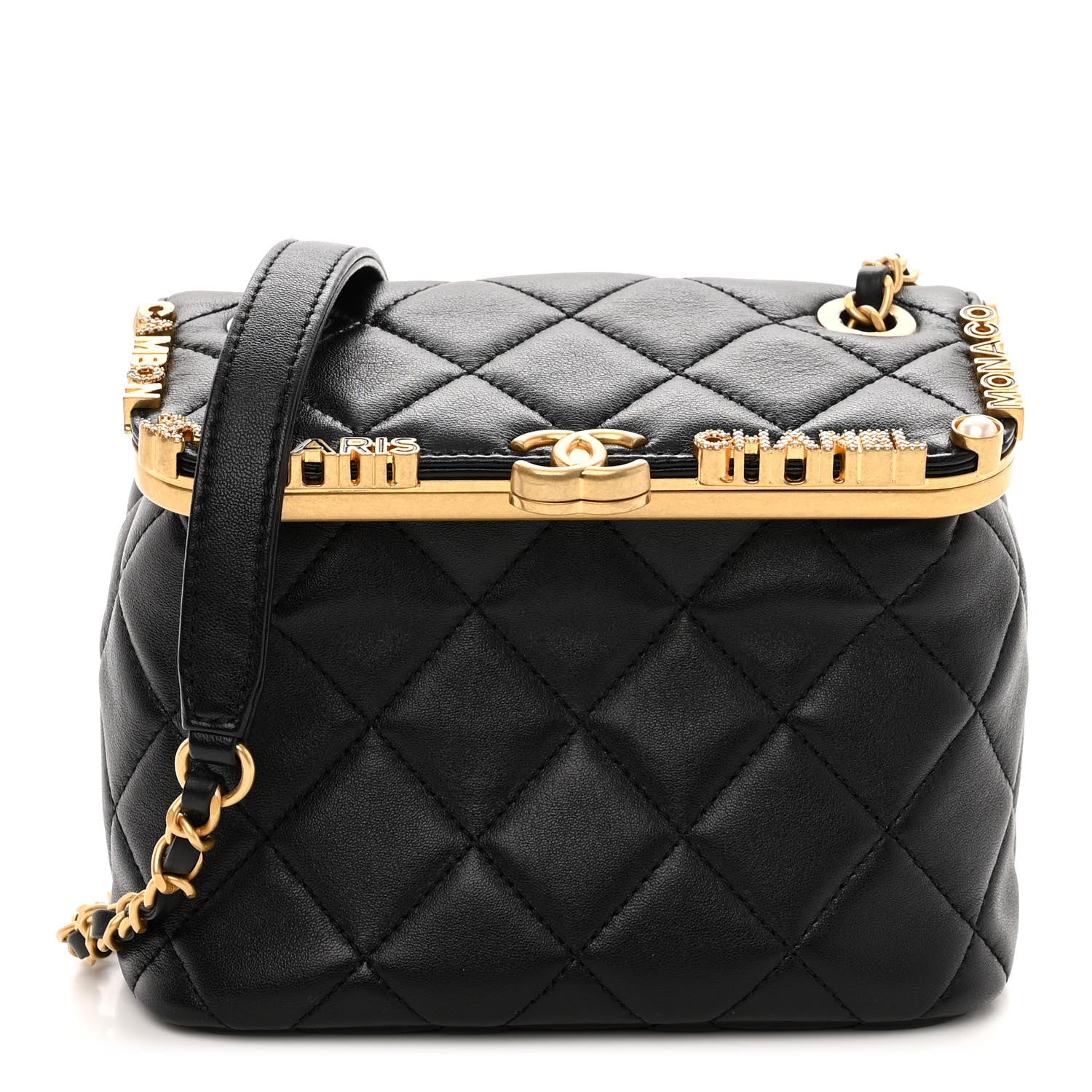 Chanel Lambskin Enamel Strass Quilted Mini Paris Monaco Kiss Lock Vanity Black 1 of 11