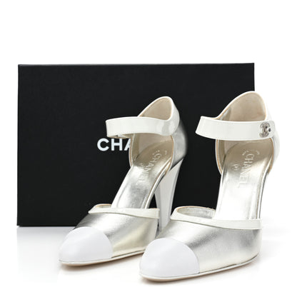 Chanel Laminated Lambskin Patent Cap Toe CC Turn-Lock Pumps 40 Silver White 13 of 13