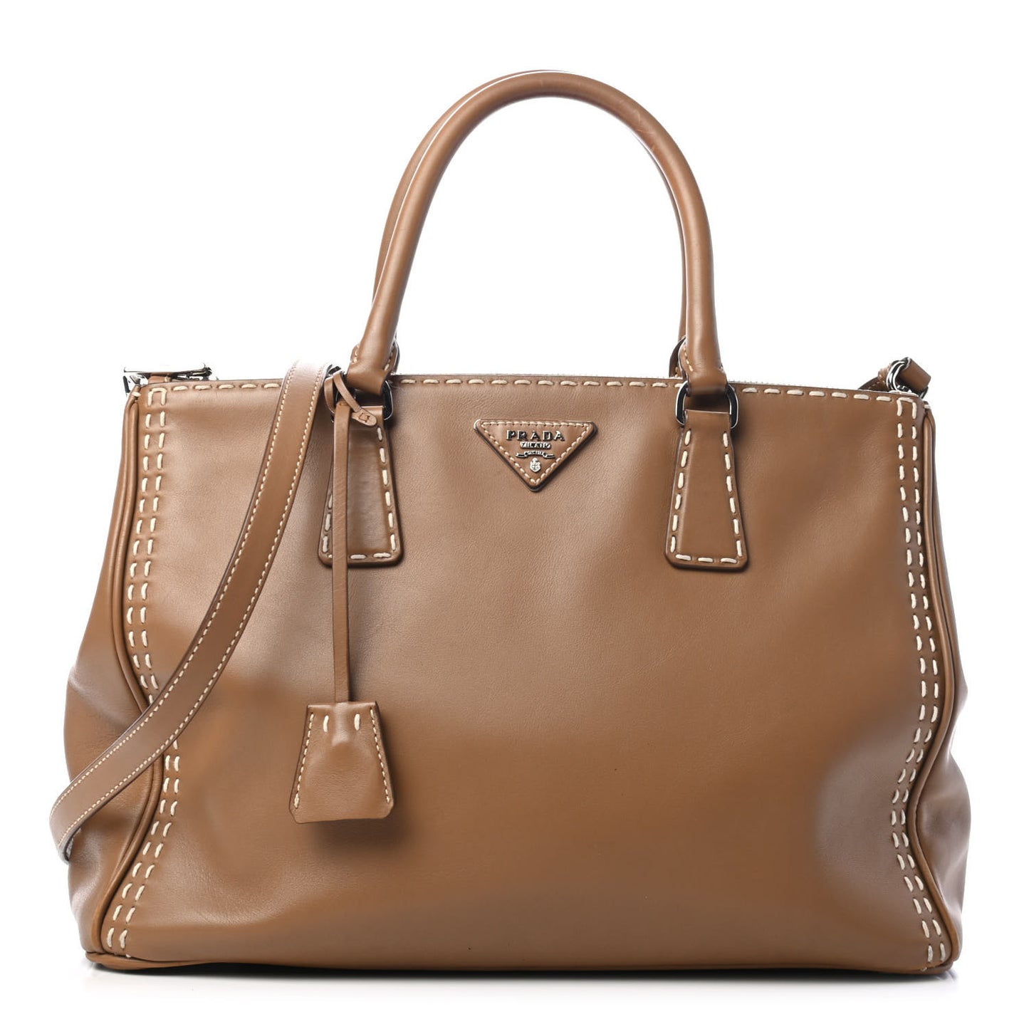 City Calf Hand Stitched Medium Galleria Double Zip Tote Caramel