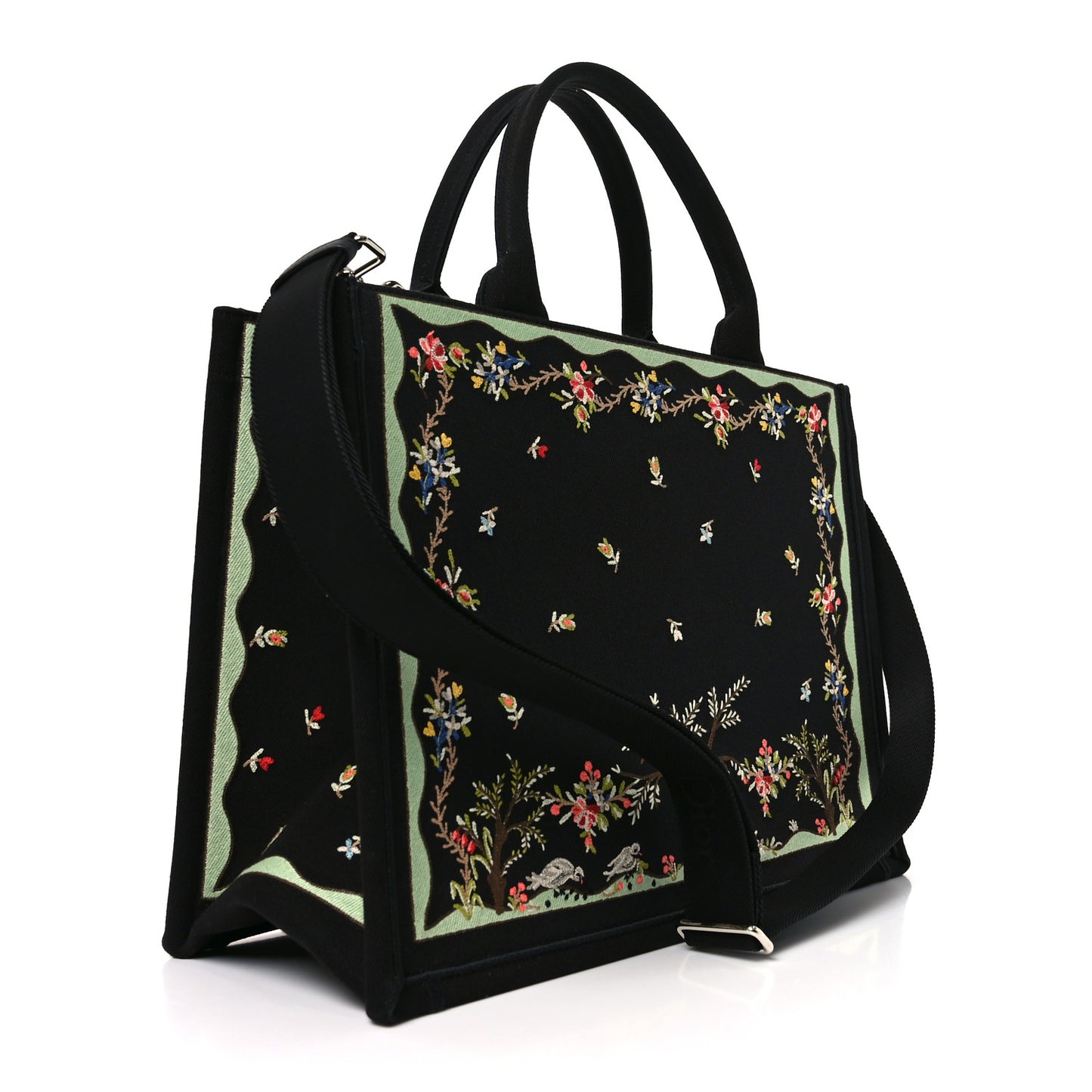 Canvas Embroidered Medium Dioramour Revolution Flowers Book Tote With Strap Black Multicolor