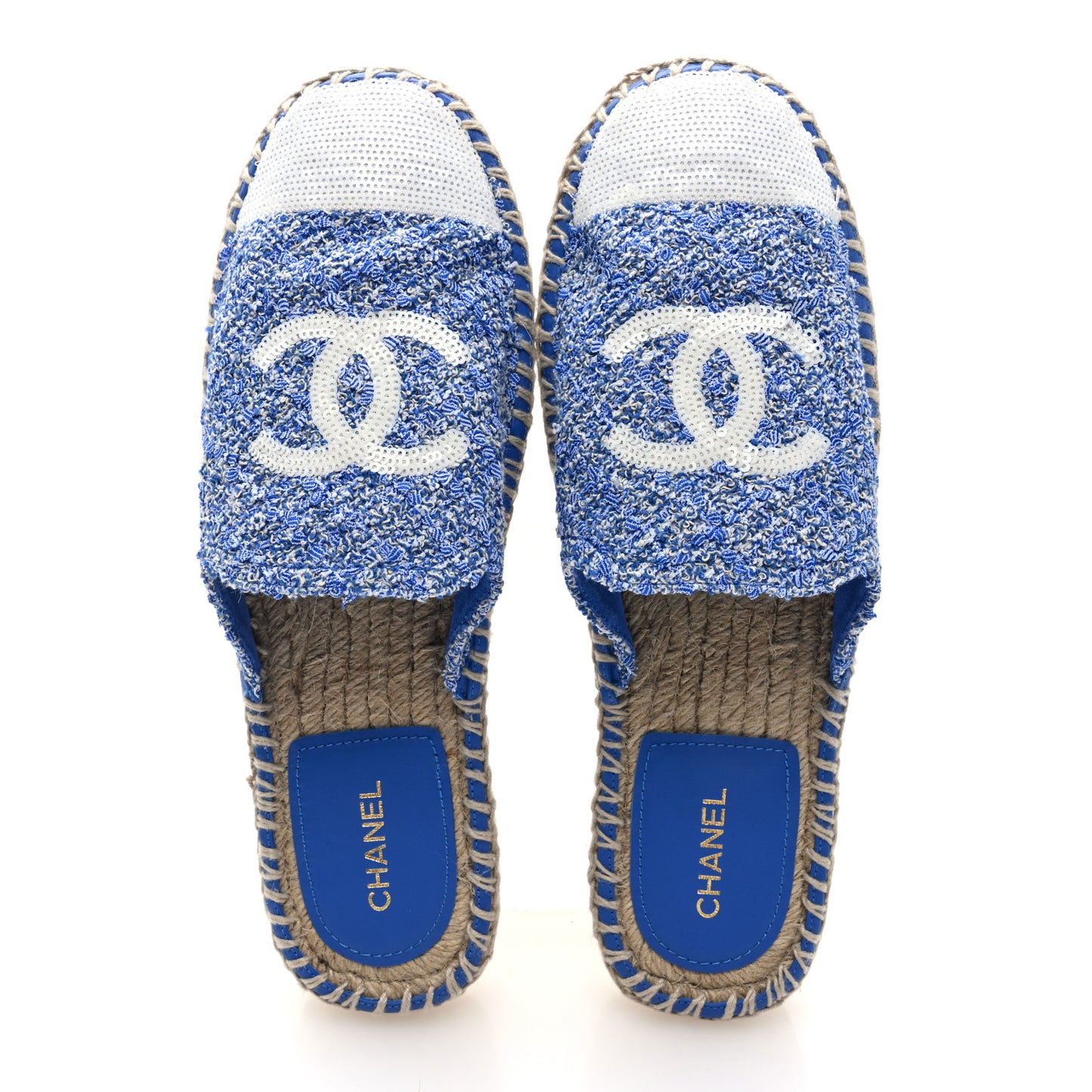Tweed Sequin Cap Toe CC Espadrilles Mule 40 Blue White