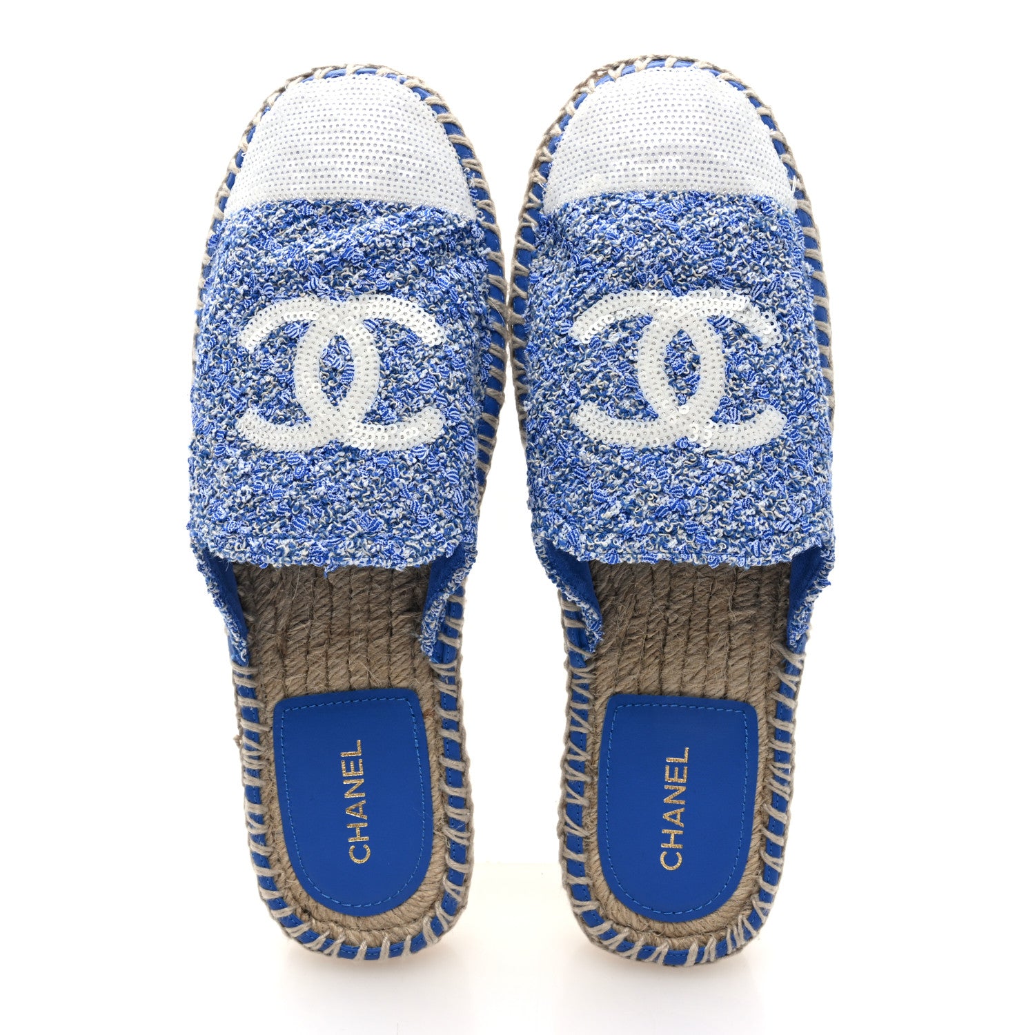 Chanel Tweed Sequin Cap Toe CC Espadrilles Mule 40 Blue White 6 of 10