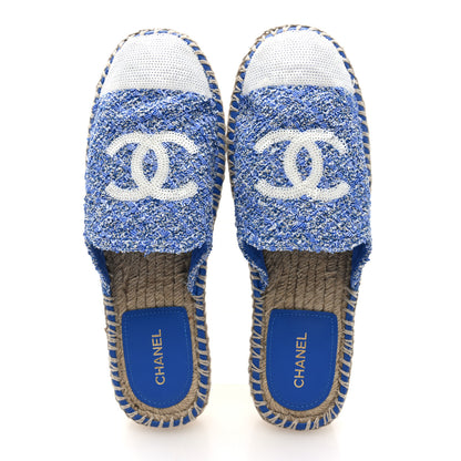 Chanel Tweed Sequin Cap Toe CC Espadrilles Mule 40 Blue White 6 of 10