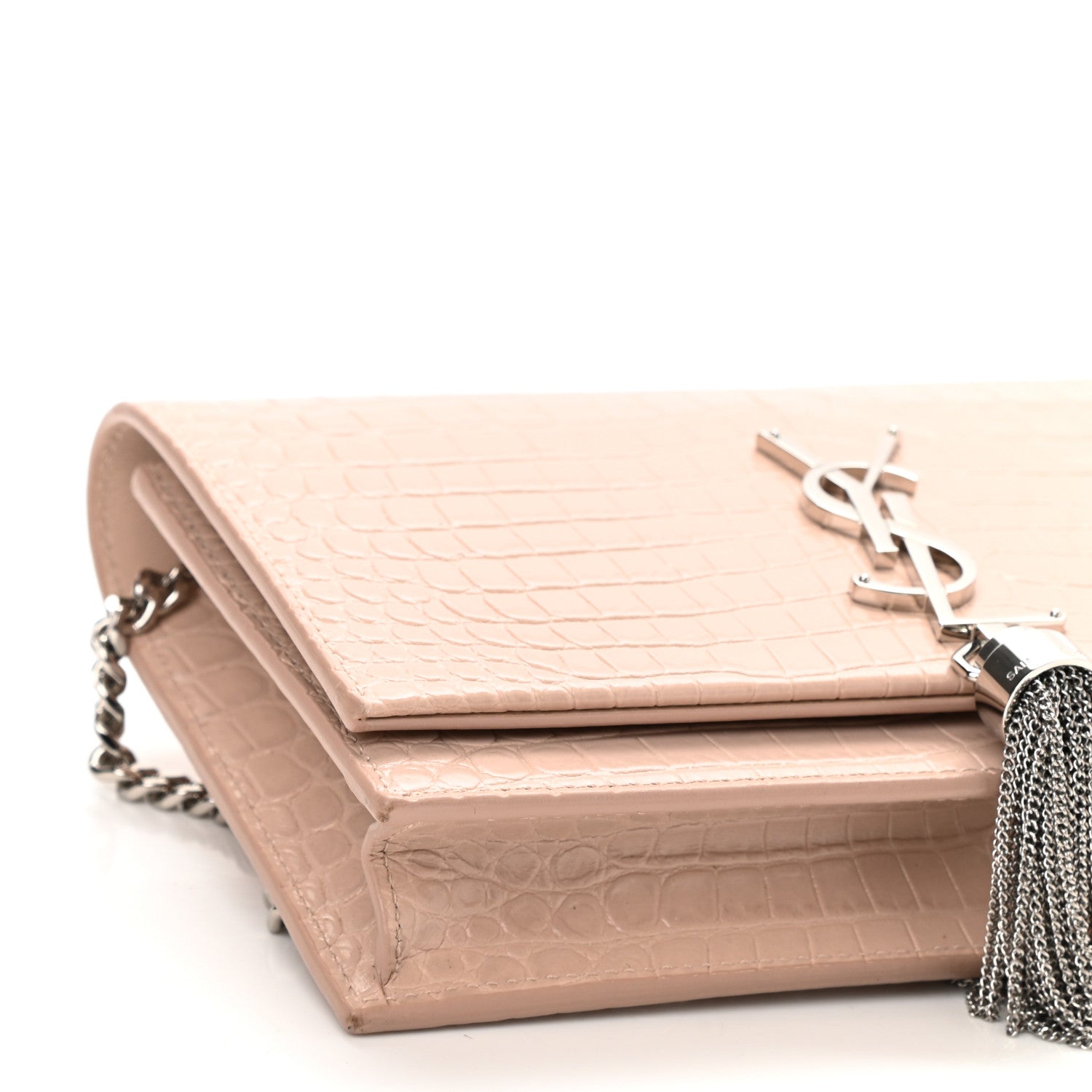 Saint Laurent Calfskin Crocodile Embossed Kate Monogram Tassel Chain Wallet Powder Pink 9 of 10