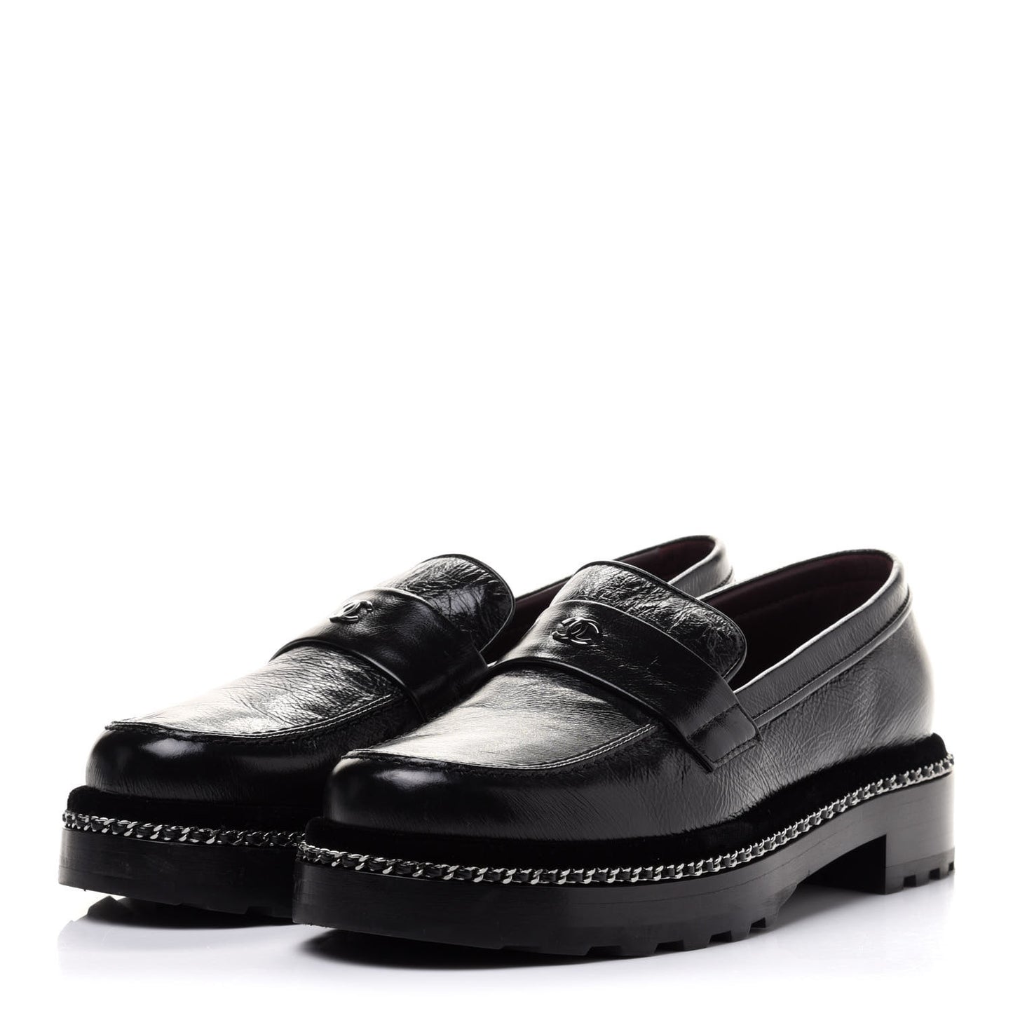 Crinkled Calfskin Velvet CC Chain Mocassin Loafers 38 Black