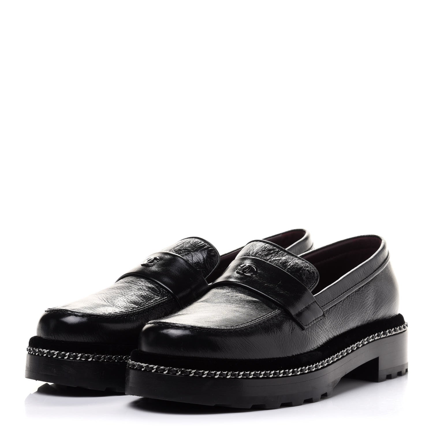 Chanel Crinkled Calfskin Velvet CC Chain Mocassin Loafers 38 Black 3 of 10
