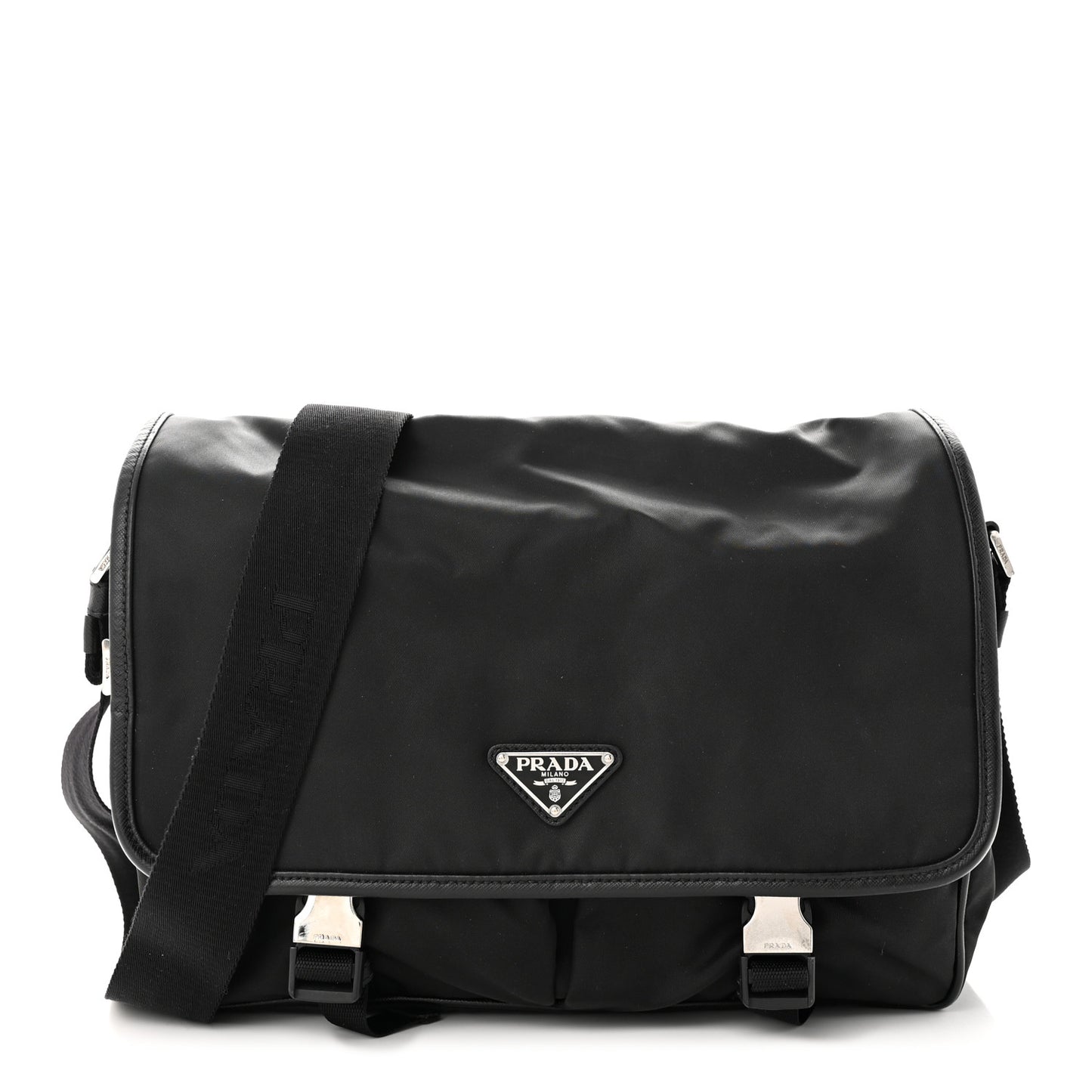 Tessuto Nylon Saffiano Large Double Snap Buckle Messenger Bag Black