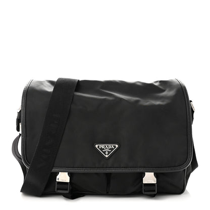 Prada Tessuto Nylon Saffiano Large Double Snap Buckle Messenger Bag Black 1 of 11
