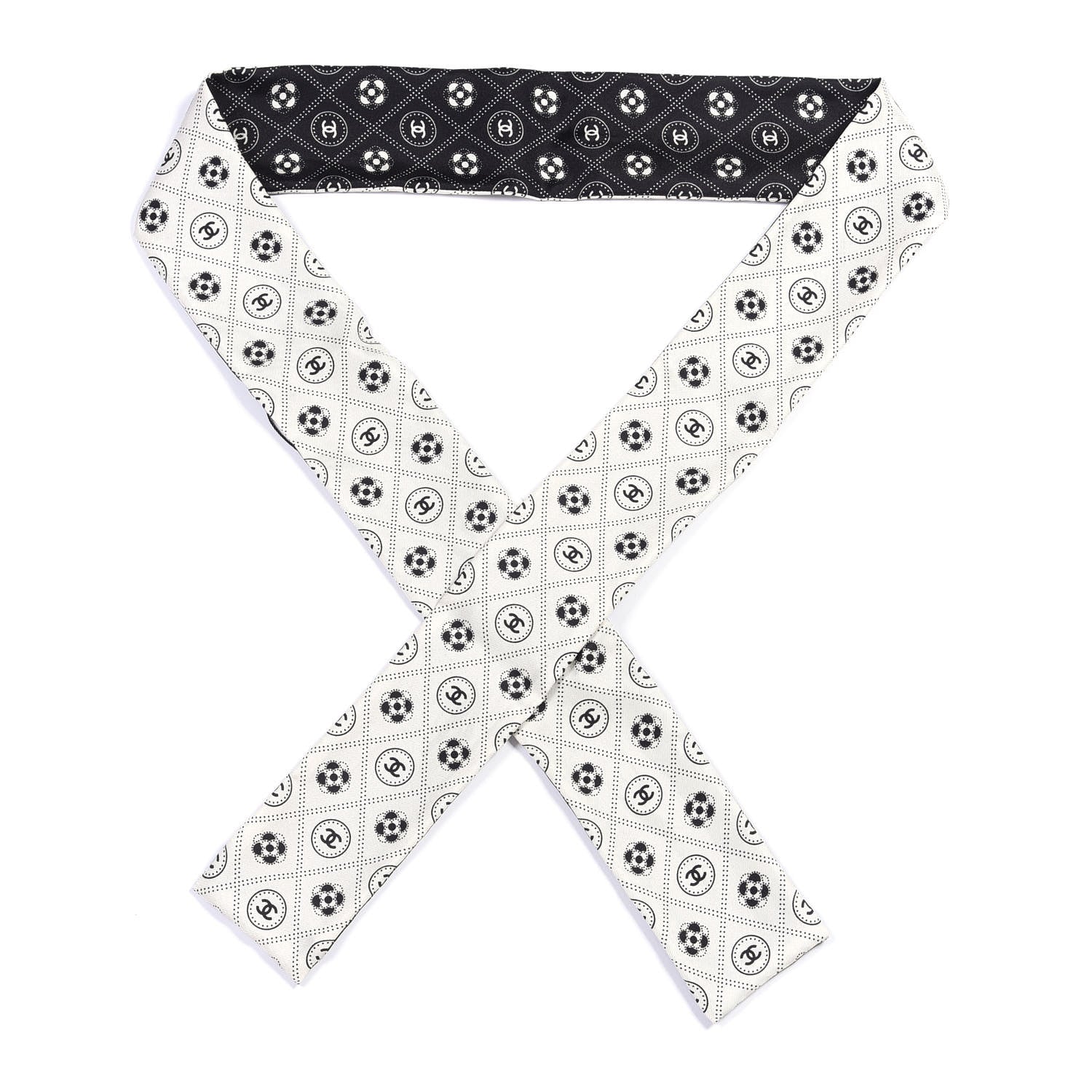 Chanel Silk CC Polka Dot Slim Bandeau Scarf Black Ecru 1 of 3