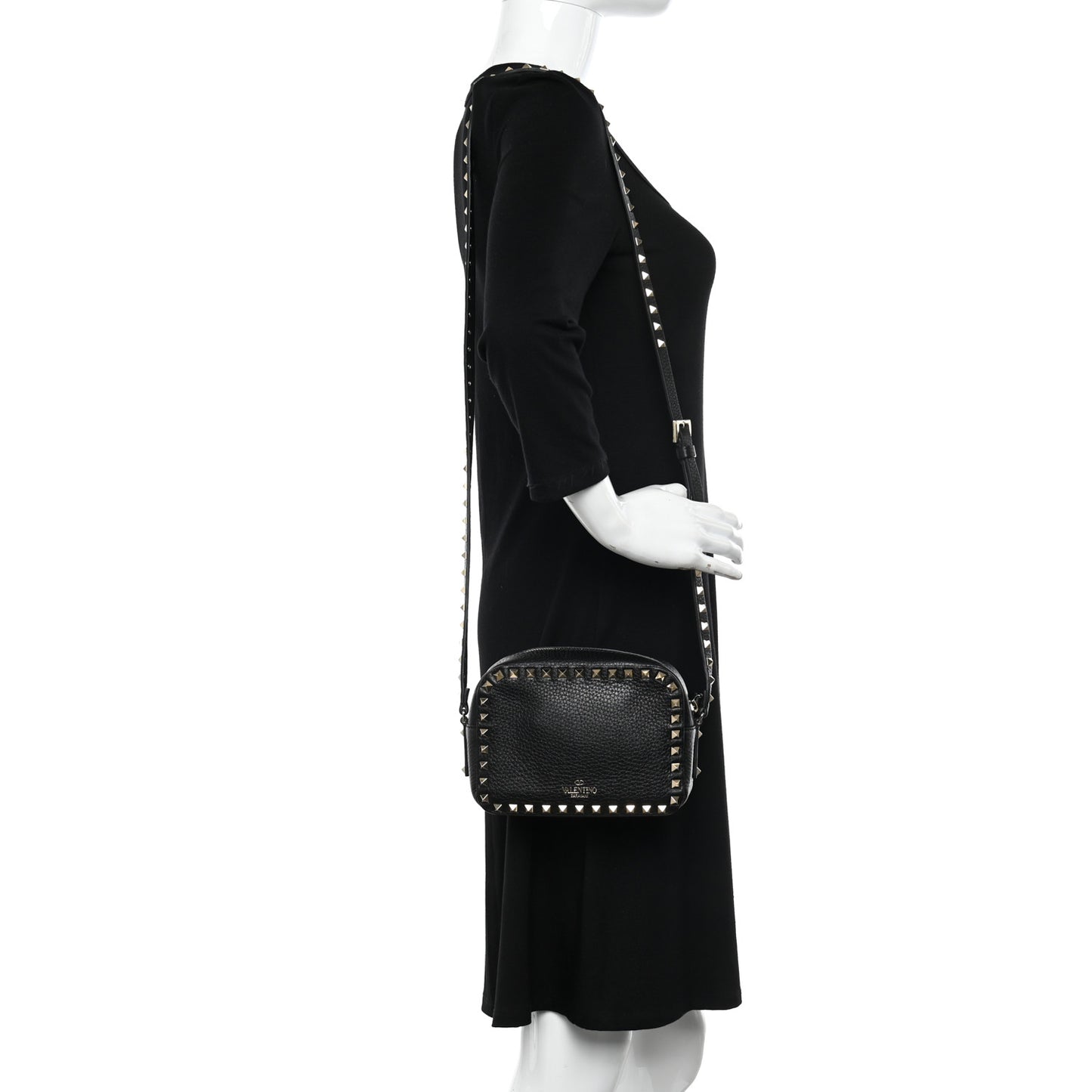 Pebbled Calfskin Rockstud Camera Crossbody Bag Black