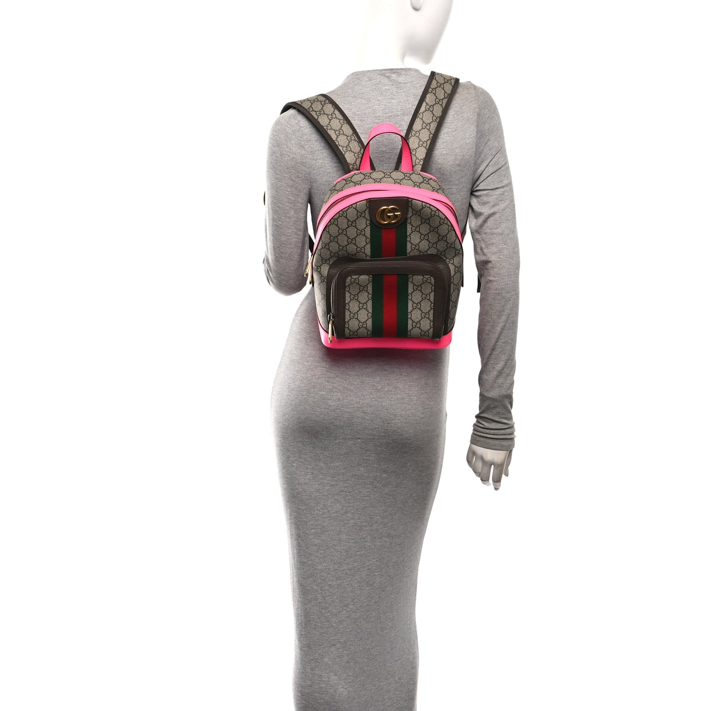 GG Supreme Monogram Textured Dollar Calfskin Web Small Ophidia Day Backpack Beige Ebony Fluorescent Fuchsia