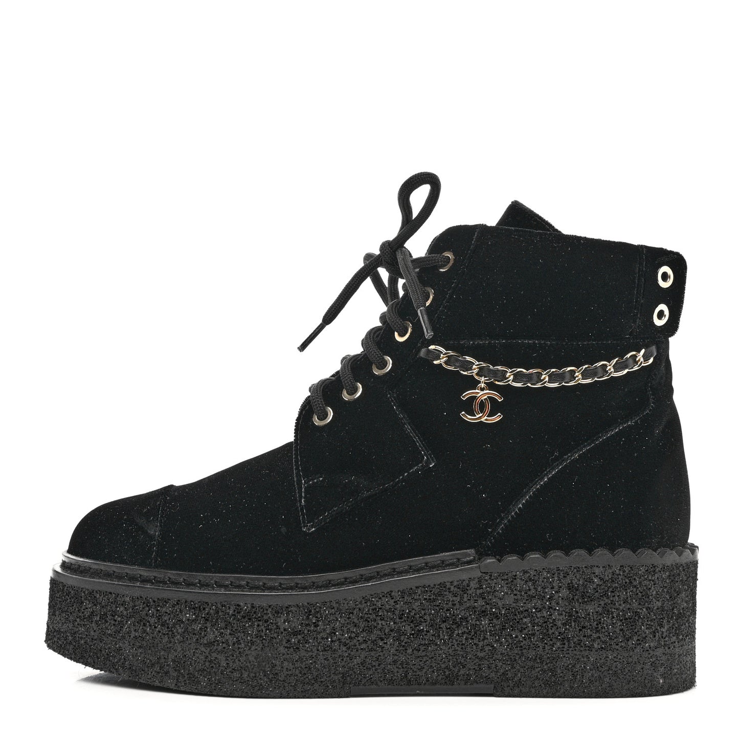 Velvet Chain Lace Up CC Short Boots 38.5 Black