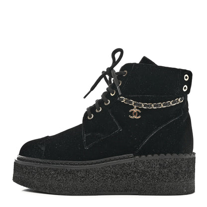 Chanel Velvet Chain Lace Up CC Short Boots 38.5 Black 1 of 9