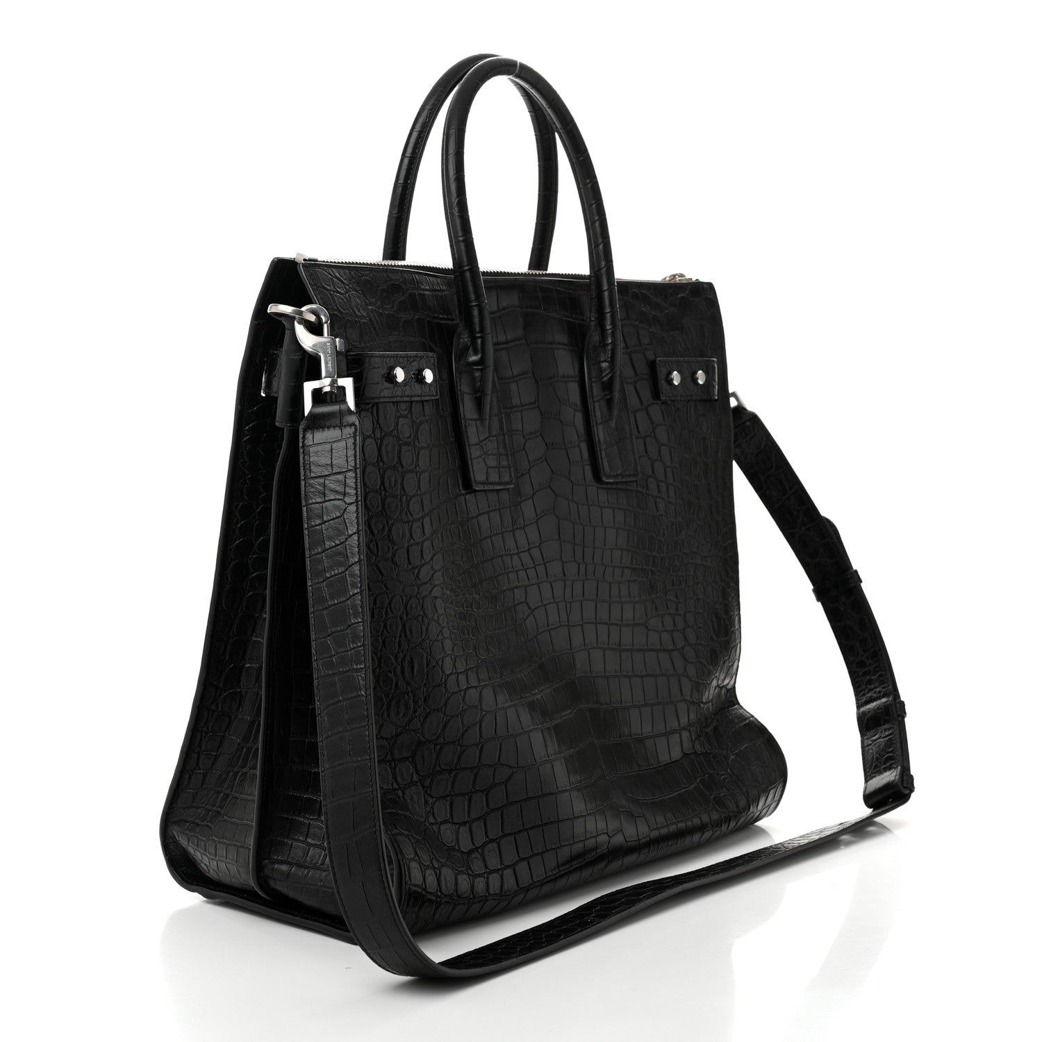 Saint Laurent Calfskin Crocodile Embossed Souple North South Tote Black 3 of 10