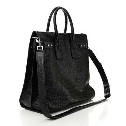 Saint Laurent Calfskin Crocodile Embossed Souple North South Tote Black 3 of 10