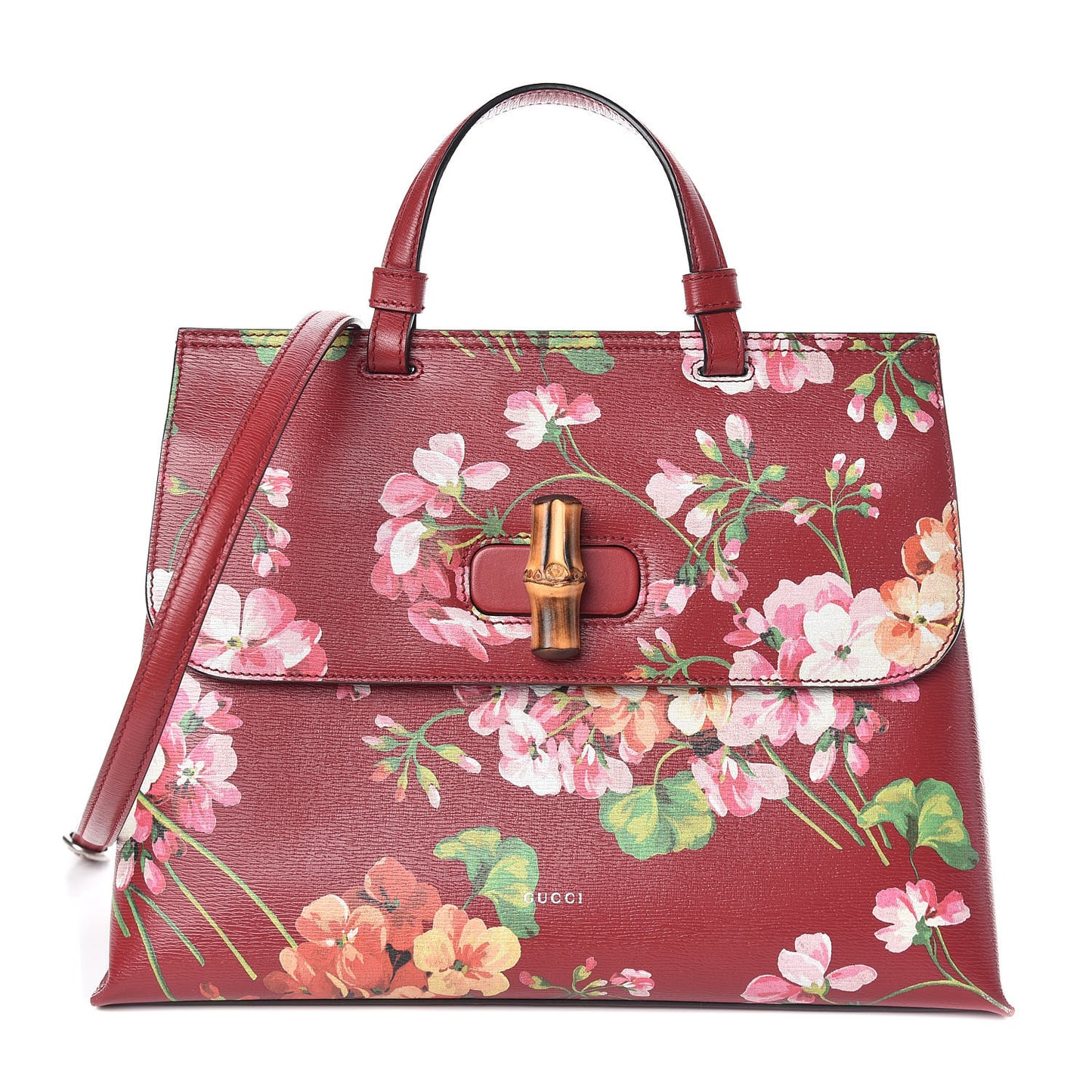 Shangai Calfskin Blooms Print Medium Bamboo Daily Top Handle Bag Romantic Cerise Multicolor