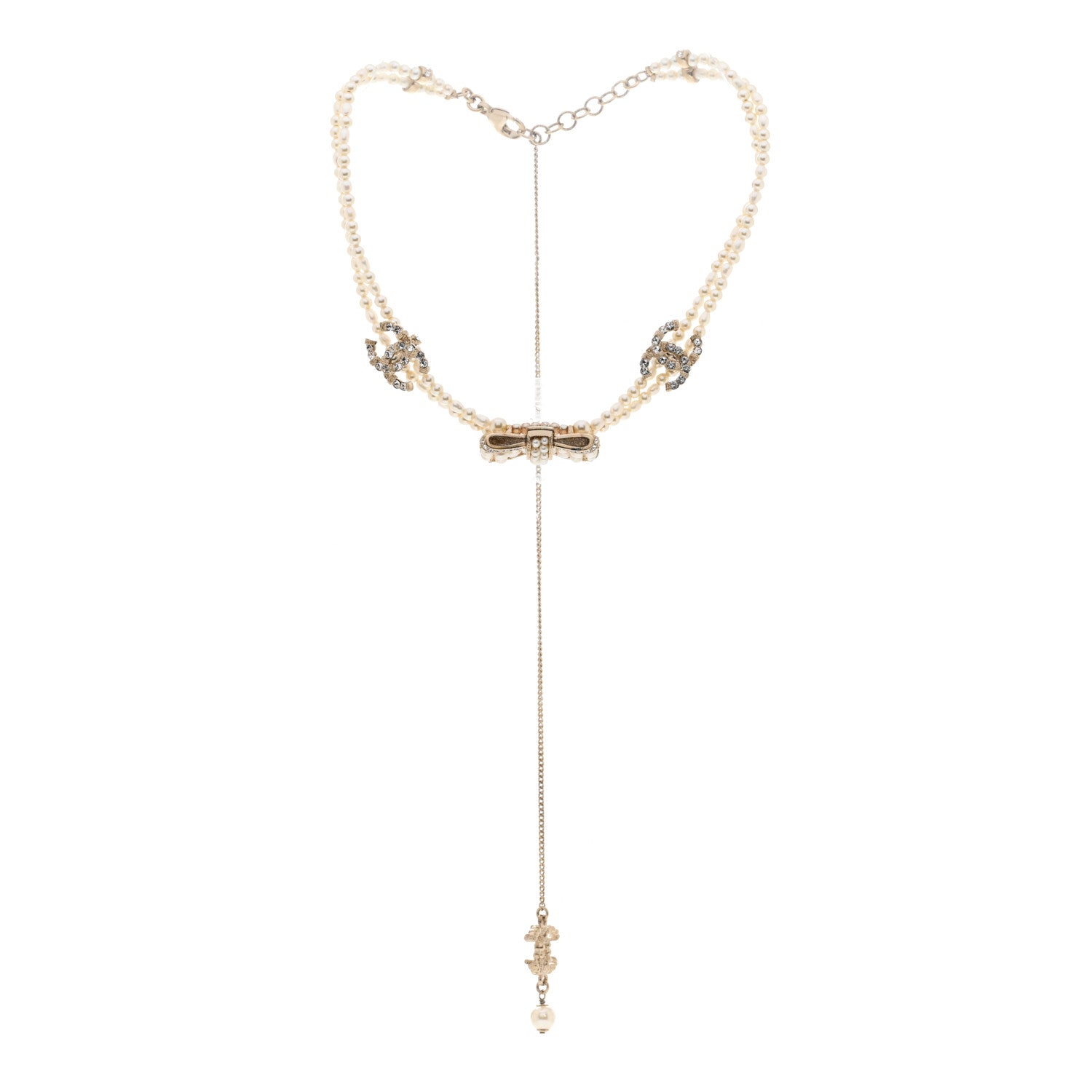 Chanel Pearl Crystal CC Bow Choker Necklace Gold 3 of 6